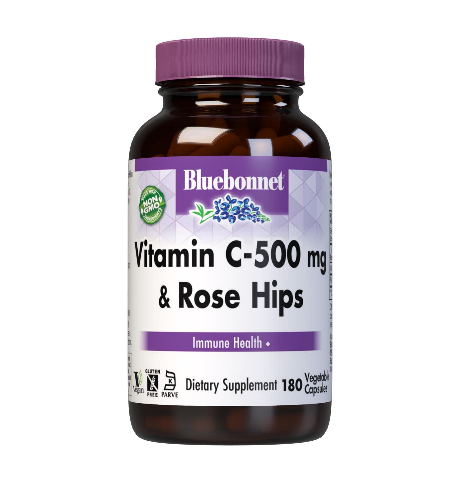 Bluebonnet’s Vitamin C-500 mg & Rose Hips 180 Vegetable Capsules are formulated with non-GMO, identity preserved (IP) vitamin C from L-ascorbic acid and rose hips to help support immune function. #size_180 count