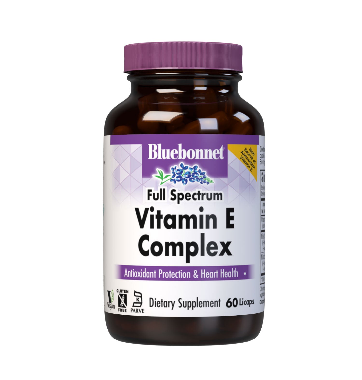 Bluebonnet’s Full Spectrum Vitamin E Complex 30 Licaps are specially formulated with d-alpha tocopherol and full spectrum tocopherol isomers (alpha, beta, delta and gamma) and tocotrienol isomers (alpha, beta, delta and gamma) from sustainably sourced, non-hydrogenated palm oil from Malaysia, which enforces strict environmental regulations. #size_60 count