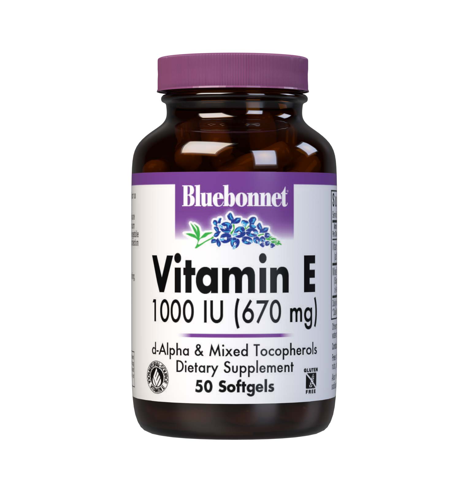 Bluebonnet’s Vitamin E 1000 lU (670 mg) Mixed Softgels are specially formulated with d-alpha tocopherol and full spectrum tocopherol isomers (beta, delta and gamma) in a base of vegetable oil. Vitamin E is an antioxidant that provides free radical protection as well as cardiovascular support. #size_50 count