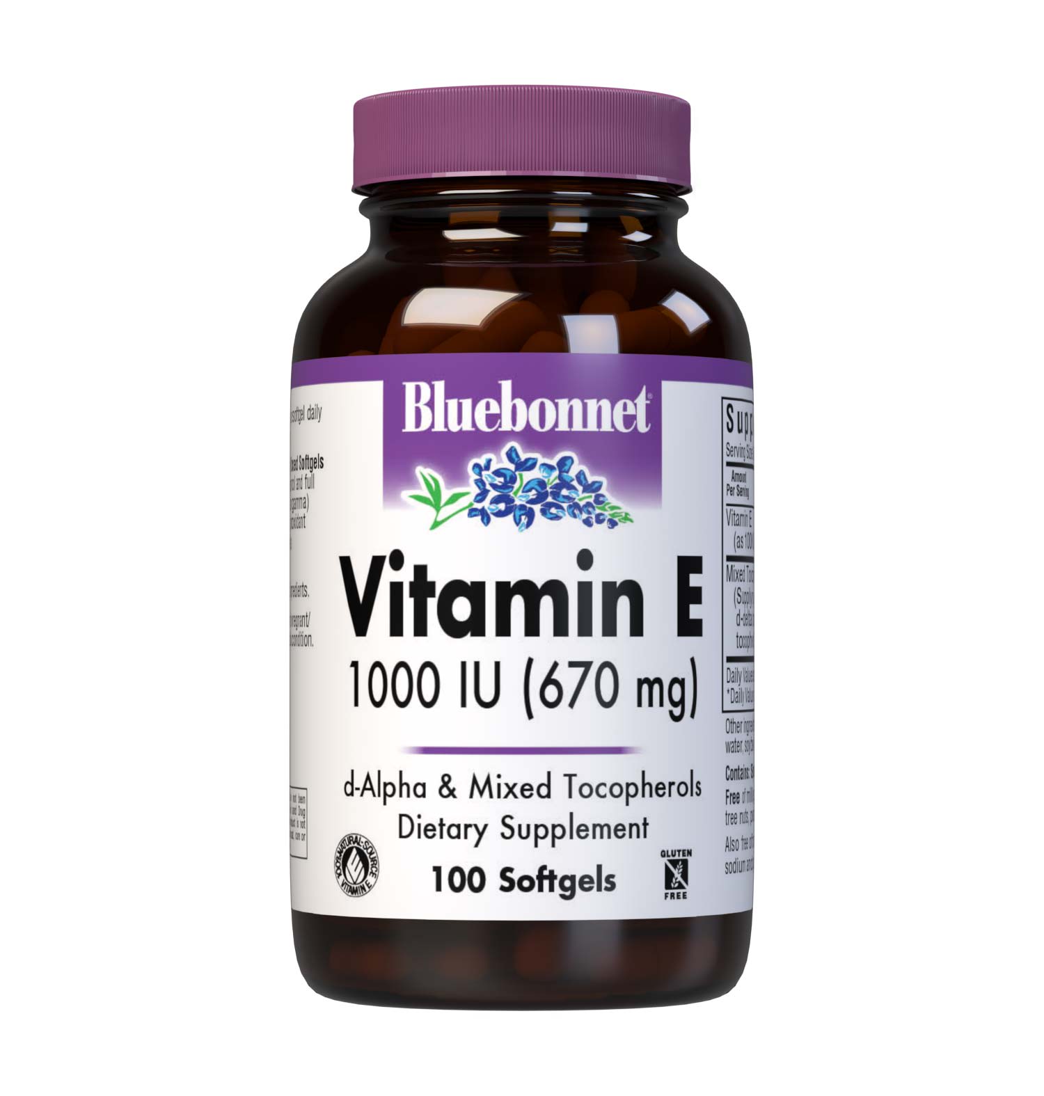 Bluebonnet’s Vitamin E 1000 lU (670 mg) Mixed Softgels are specially formulated with d-alpha tocopherol and full spectrum tocopherol isomers (beta, delta and gamma) in a base of vegetable oil. Vitamin E is an antioxidant that provides free radical protection as well as cardiovascular support. #size_100 count