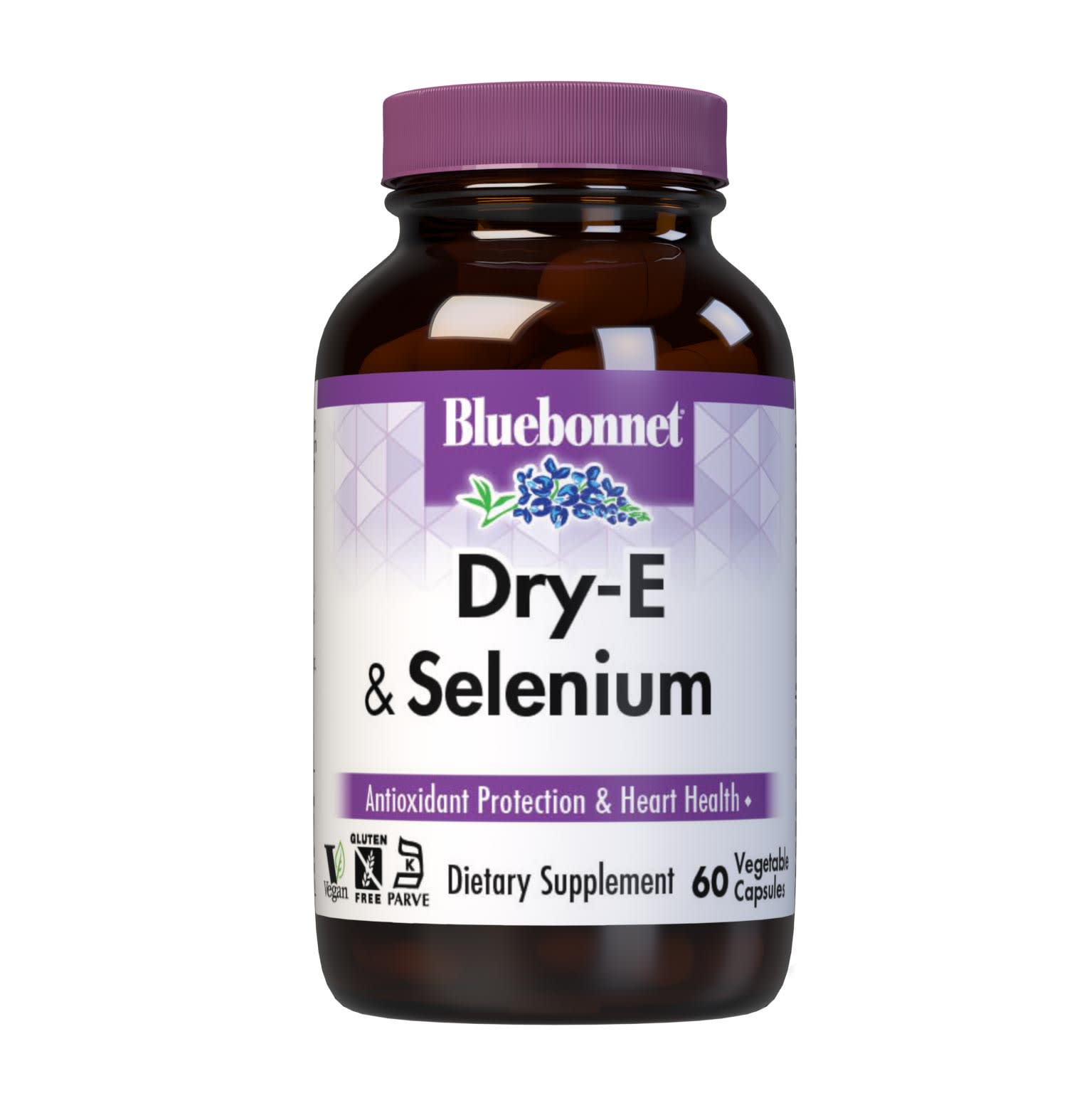 Dry E-268 mg (400 IU) & Selenium 60 Vegetable Capsules are formulated with vitamin E from oil-free d-alpha tocopheryl succinate, and selenium from L-selenomethionine. Vitamin E and selenium both offer free radical protection and cardiovascular support. #size_60 count