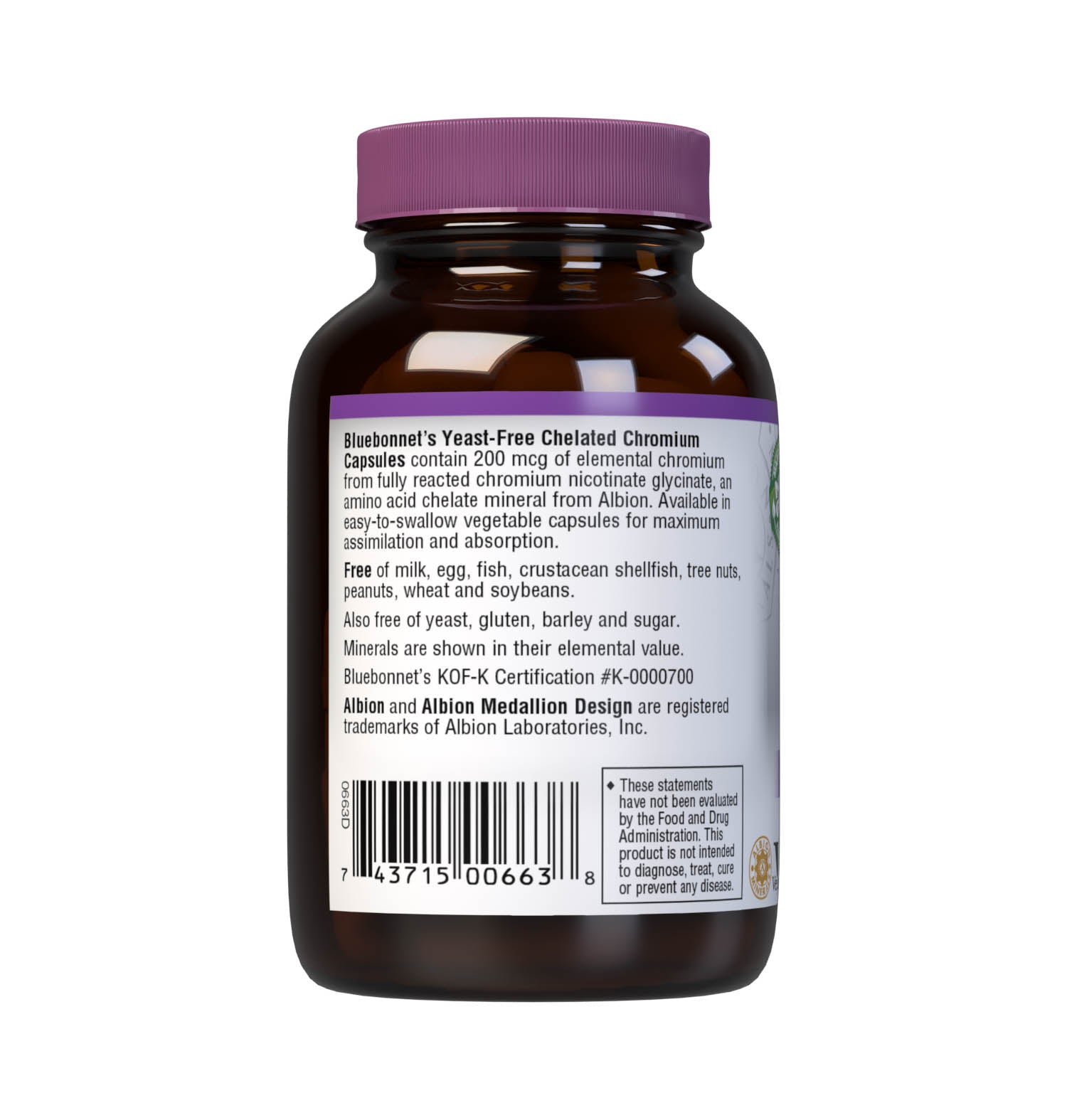 Bluebonnet's Yeast-Free Chelated Chromium 90 Vegetable Capsules are formulated with  200 mcg of elemental chromium from fully reacted chromium nicotinate glycinate, an amino acid chelate mineral from Albion. Chromium is an essential element that is necessary for blood sugar control and carbohydrate metabolism. Description panel. #size_90 count