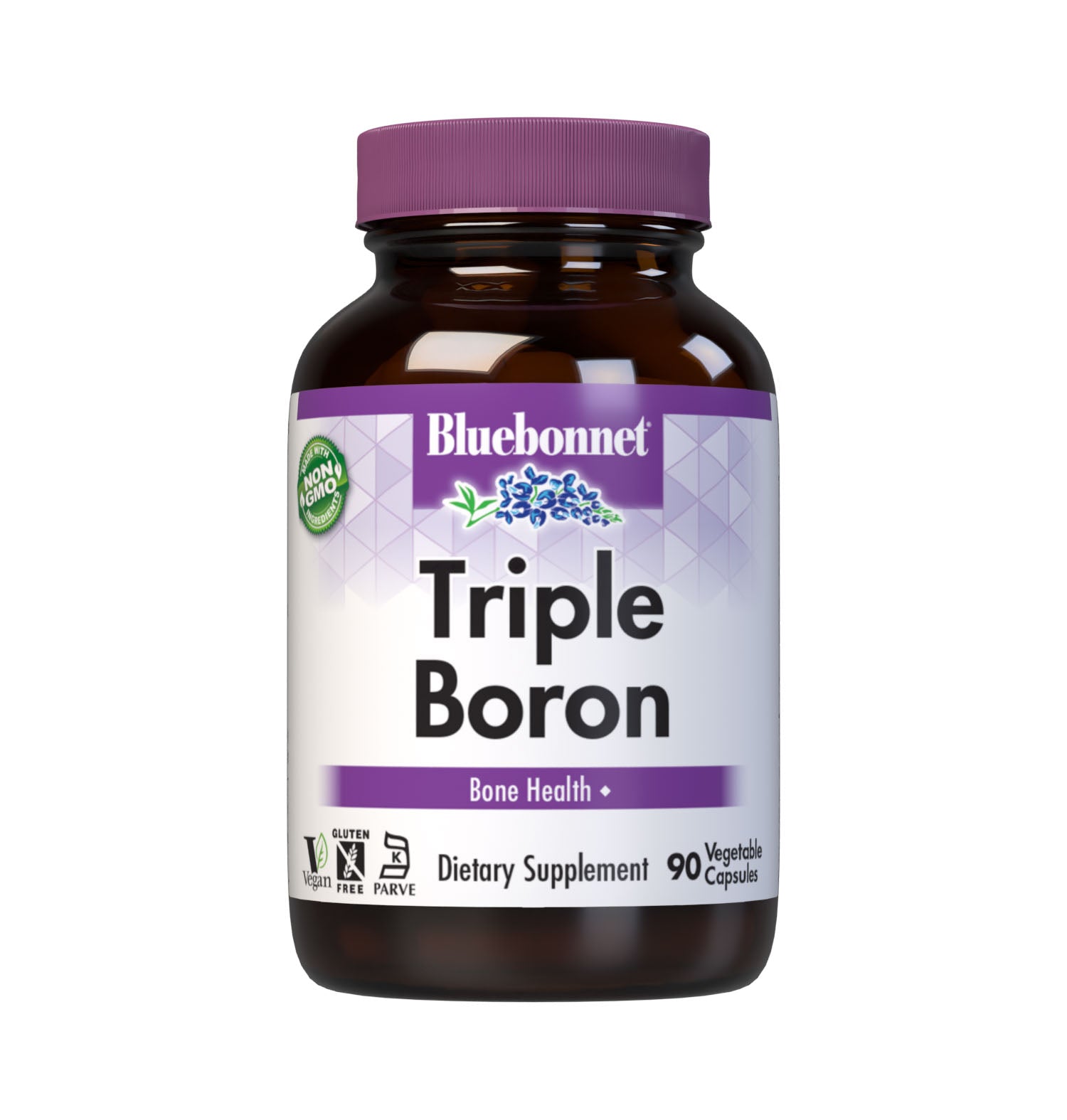 Bluebonnet's Triple Boron 3 mg 90 Vegetable Capsules are formulated with the trace mineral boron, which is multicomplexed with citrate, aspartate and glycinate. Boron is a trace element that helps support bone strength. #size_90 count