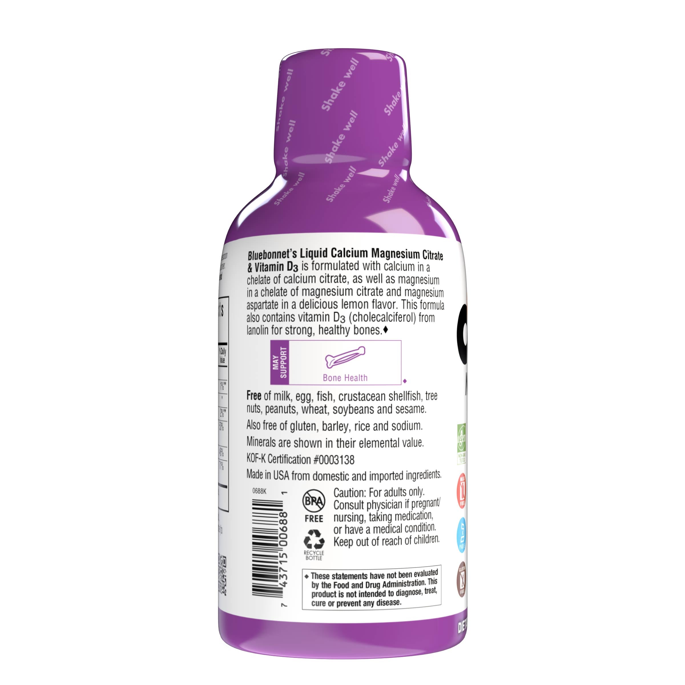 Bluebonnet's Liquid Calcium Magnesium Citrate with Vitamin D3 are formulated with calcium in a chelate of calcium citrate, as well as magnesium in a chelate of magnesium citrate and magnesium aspartate in a delicious blueberry flavor. Plus, this formula are formulated with vitamin D3 (cholecalciferol) from lanolin for strong healthy bones. Description panel. #flavor_blueberry