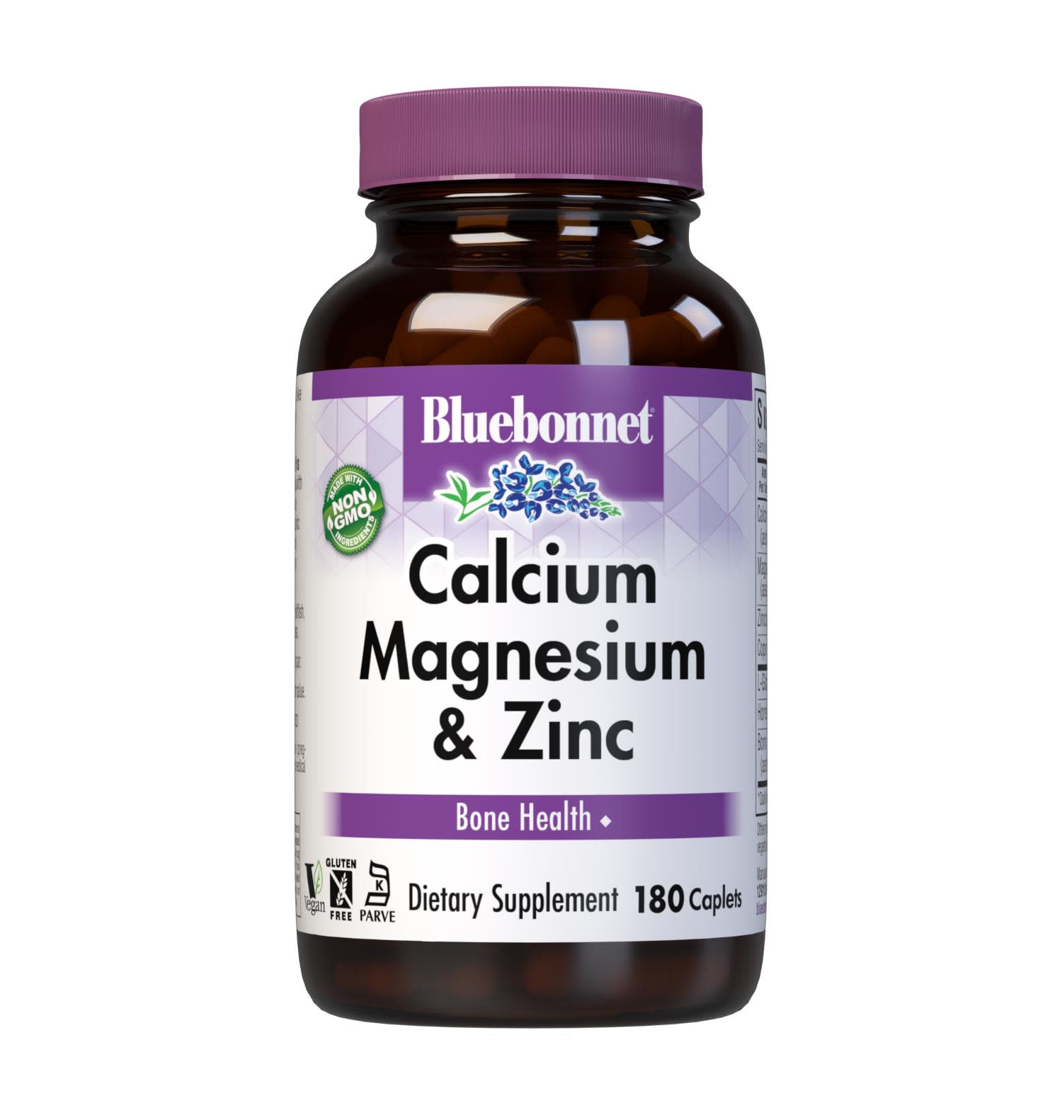Bluebonnet's Calcium Magnesium & Zinc 180 Caplets are formulated with a combination of calcium, magnesium, zinc, copper and boron along with L-glutamic acid and horsetail powder for strong, healthy bones. #size_180 count