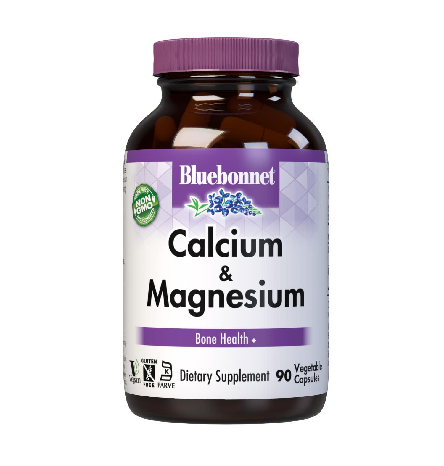 Bluebonnet's Calcium & Magnesium 90 Vegetable Capsules are formulated with calcium in a chelate of calcium citrate and malate, plus magnesium from fully reacted magnesium aspartate for strong, healthy bones. #size_90 count