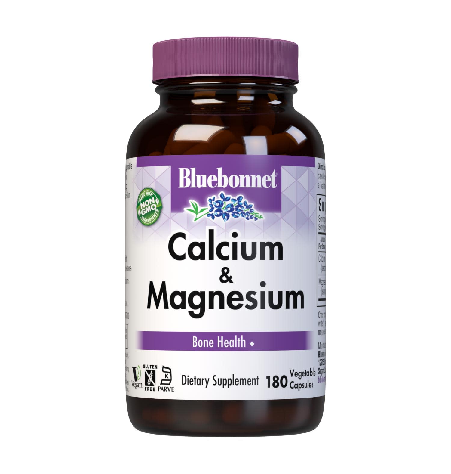 Bluebonnet's Calcium & Magnesium 180 Vegetable Capsules are formulated with calcium in a chelate of calcium citrate and malate, plus magnesium from fully reacted magnesium aspartate for strong, healthy bones. #size_180 count