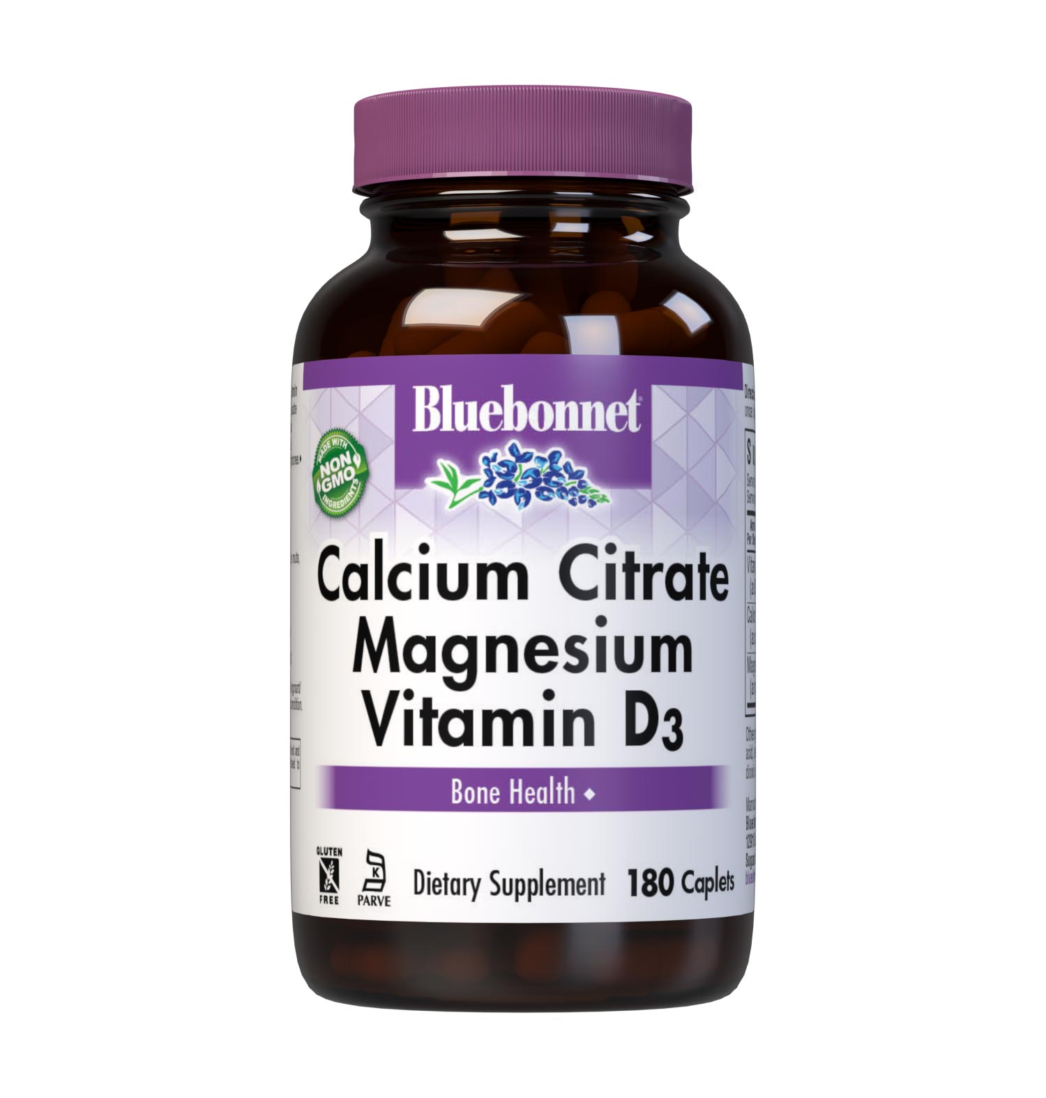 Bluebonnet's Calcium Citrate Magnesium Vitamin D3 180 Caplets are formulated with calcium in a chelate of calcium citrate and magnesium in a chelate of magnesium aspartate along with Vitamin D3 (cholecalciferol) from lanolin for strong, healthy bones. #size_180 count