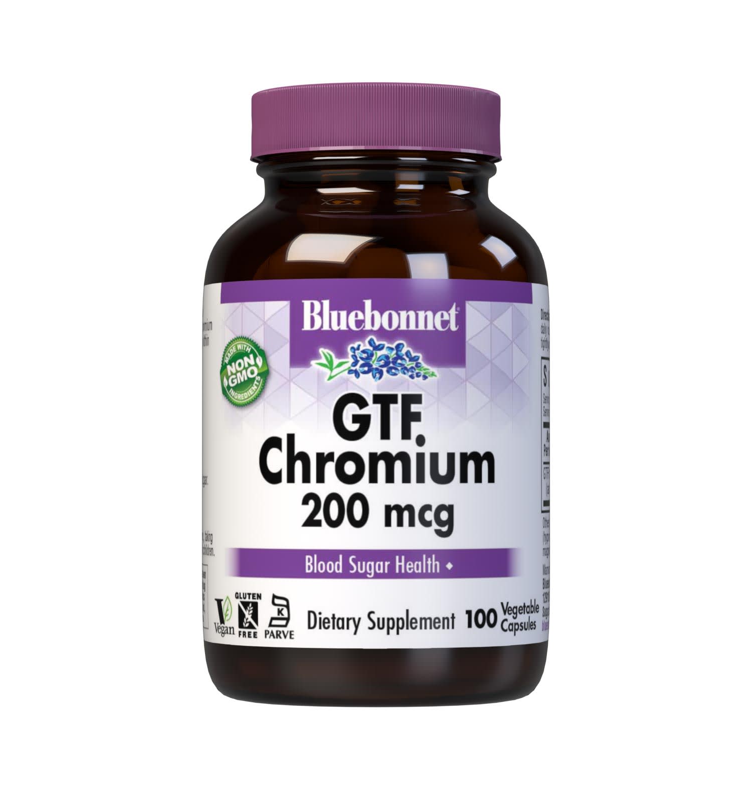 Bluebonnet's GTF Chromium 200 mcg 100 Vegetable Capsules are formulated with GTF, a yeast-source trivalent chromium to help support blood sugar levels that are already within a normal range. #size_100 count