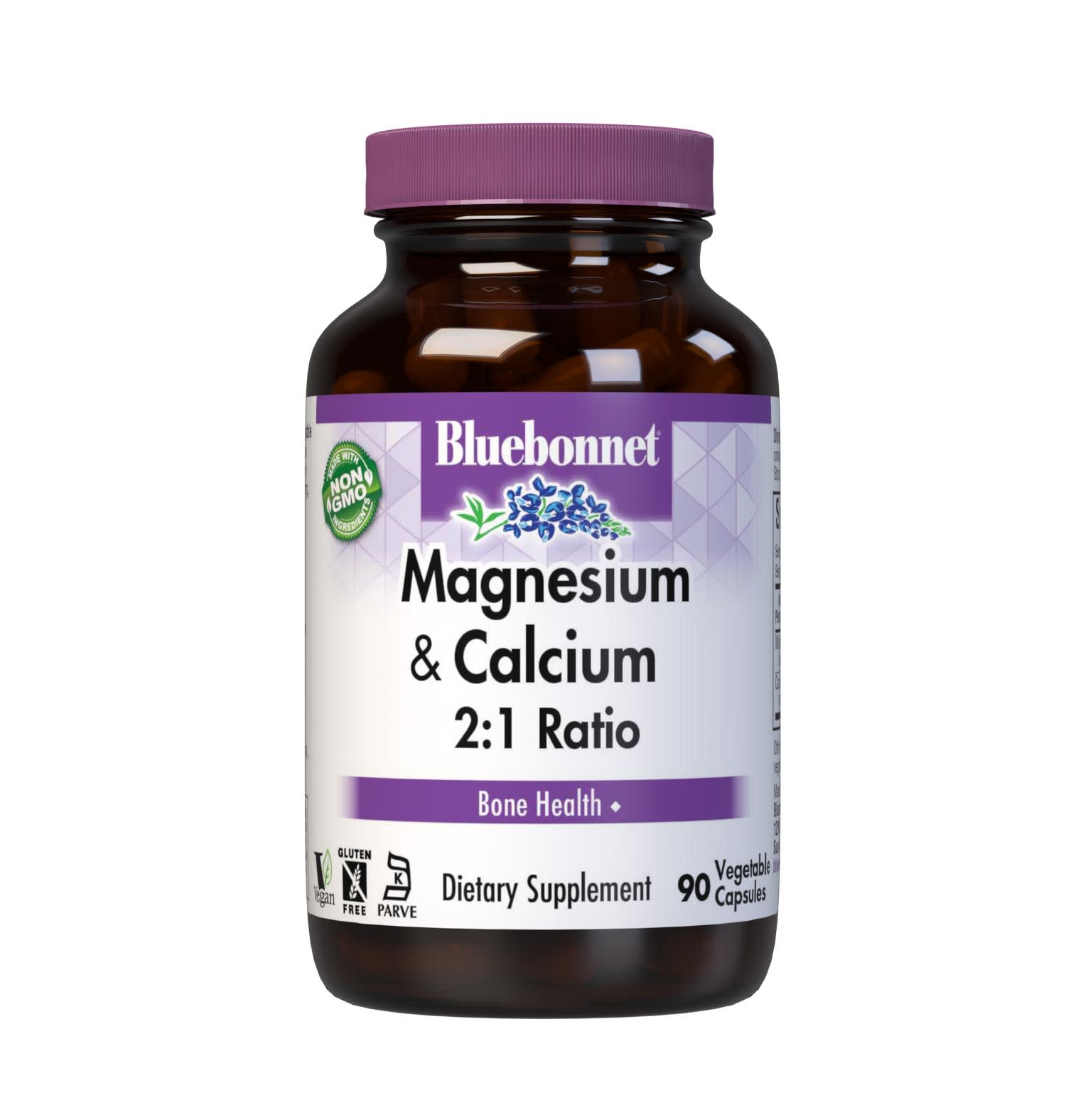 Bluebonnet's Magnesium & Calcium 2:1 90 Vegetable Capsules are formulated with a 2:1 ratio of magnesium from fully reacted magnesium aspartate, plus calcium in a chelate of calcium citrate and malate. #size_90 count