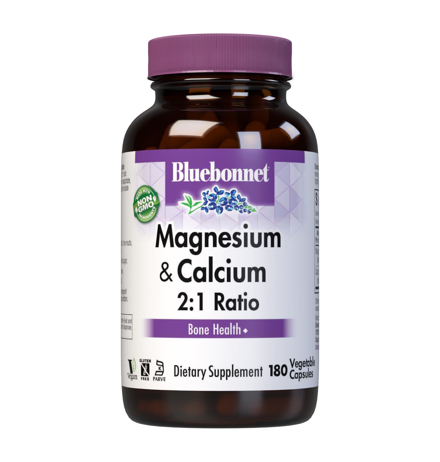 Bluebonnet's Magnesium & Calcium 2:1 180 Vegetable Capsules are formulated with a 2:1 ratio of magnesium from fully reacted magnesium aspartate, plus calcium in a chelate of calcium citrate and malate. #size_180 count