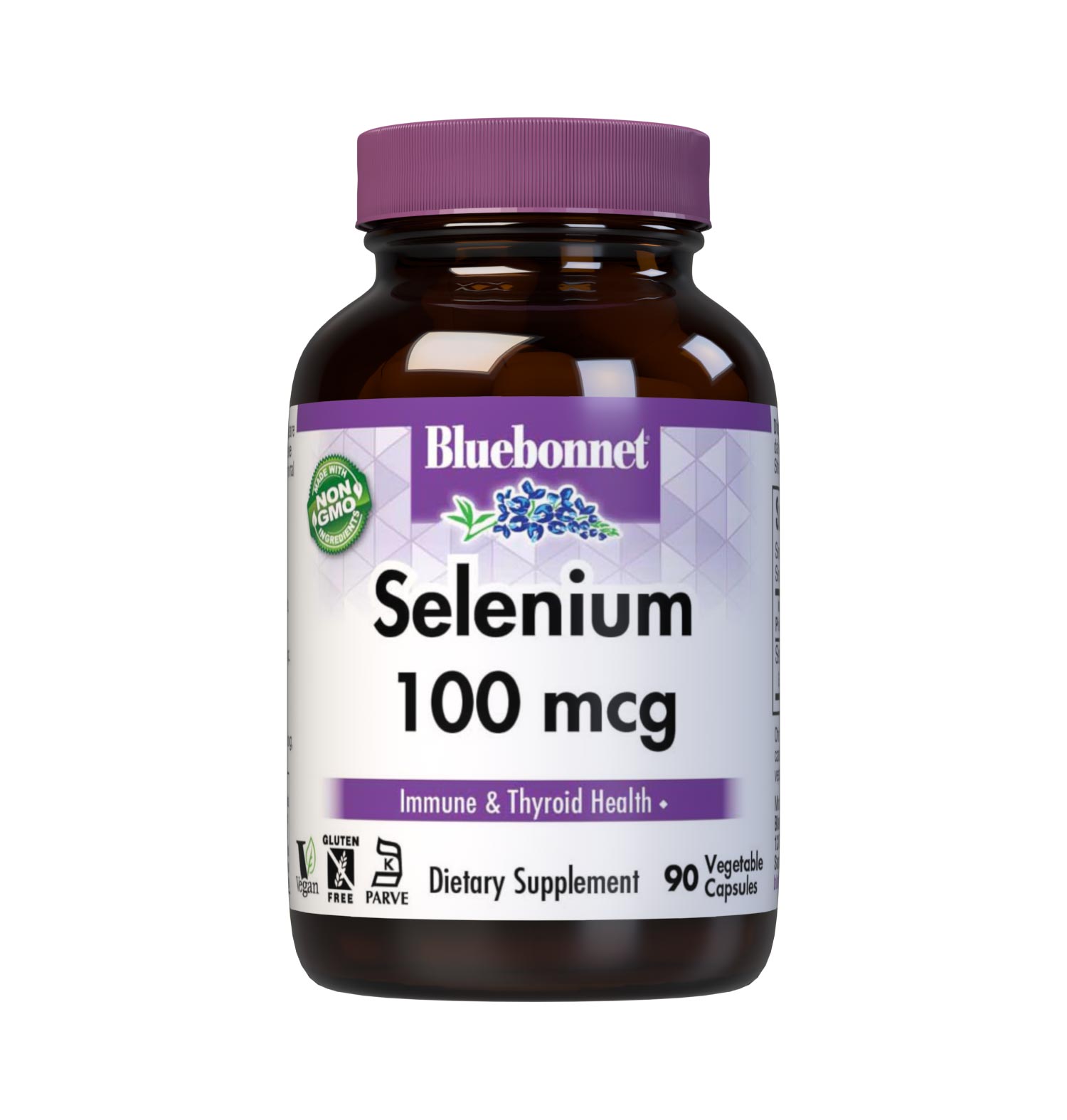 Bluebonnet's Selenium 100 mcg 90 Vegetable Capsules are formulated with selenomethionine, an amino acid chelate of selenium and L-methionine which may support immune and thyroid health. #size_90 count