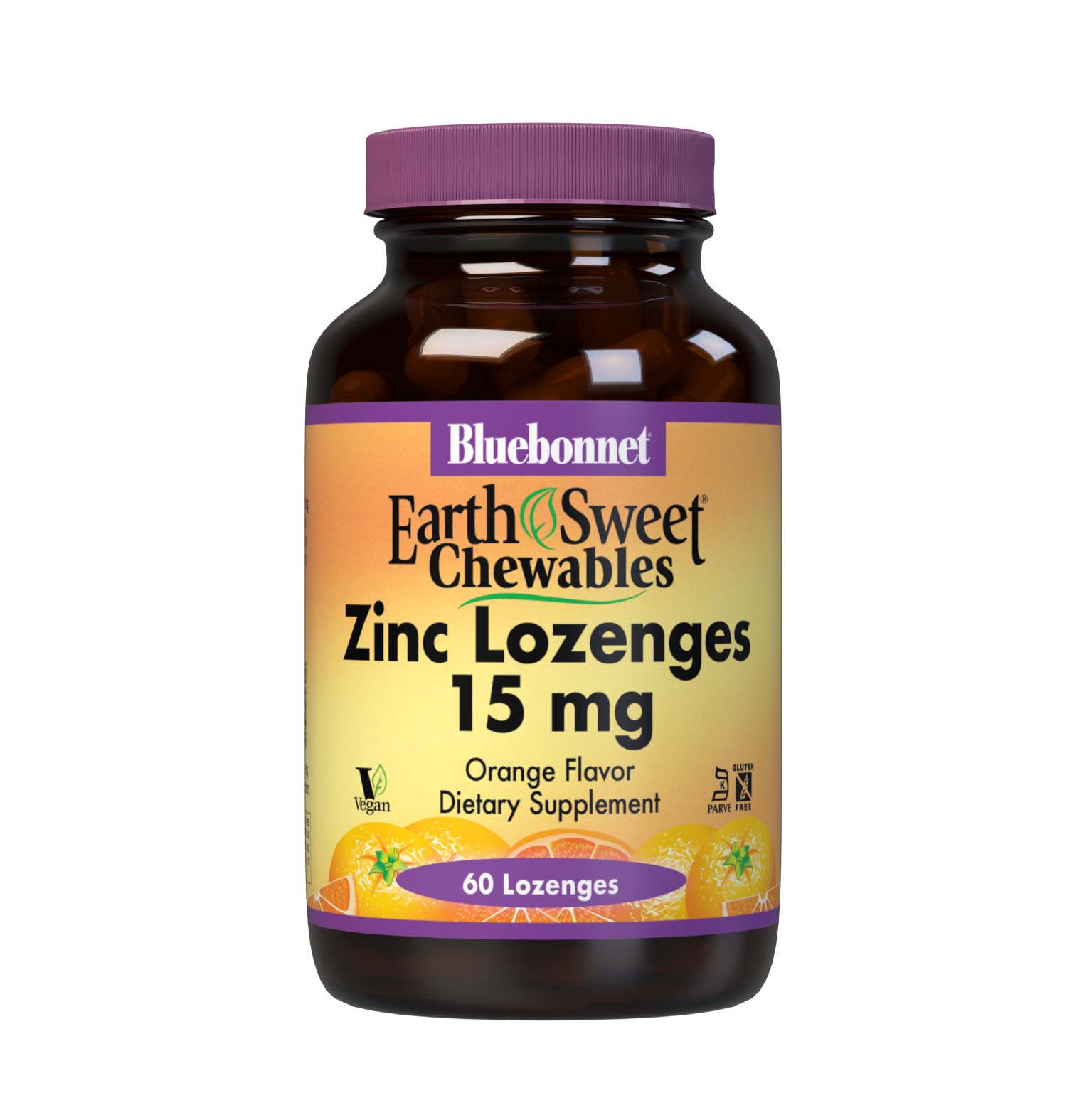 Bluebonnet’s EarthSweet Chewables 60 count Zinc Lozenges 15 mg are formulated with zinc gluconate/citrate, plus vitamin C from L-ascorbic acid and sodium ascorbate to support immune health. Sweetened with EarthSweet, a proprietary sweetening mix of fruit powders and sugar cane crystal. #size_60 count