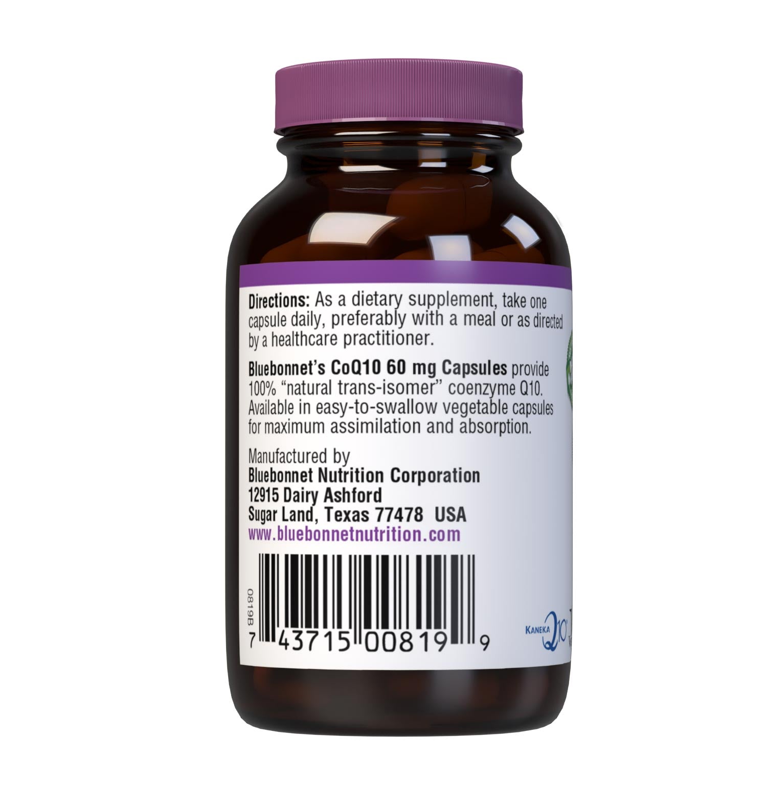 Bluebonnet’s CoQ10 60 mg 90 Vegetable Capsules provide 100% “trans-isomer” coenzyme Q10. Description panel. #size_90 count