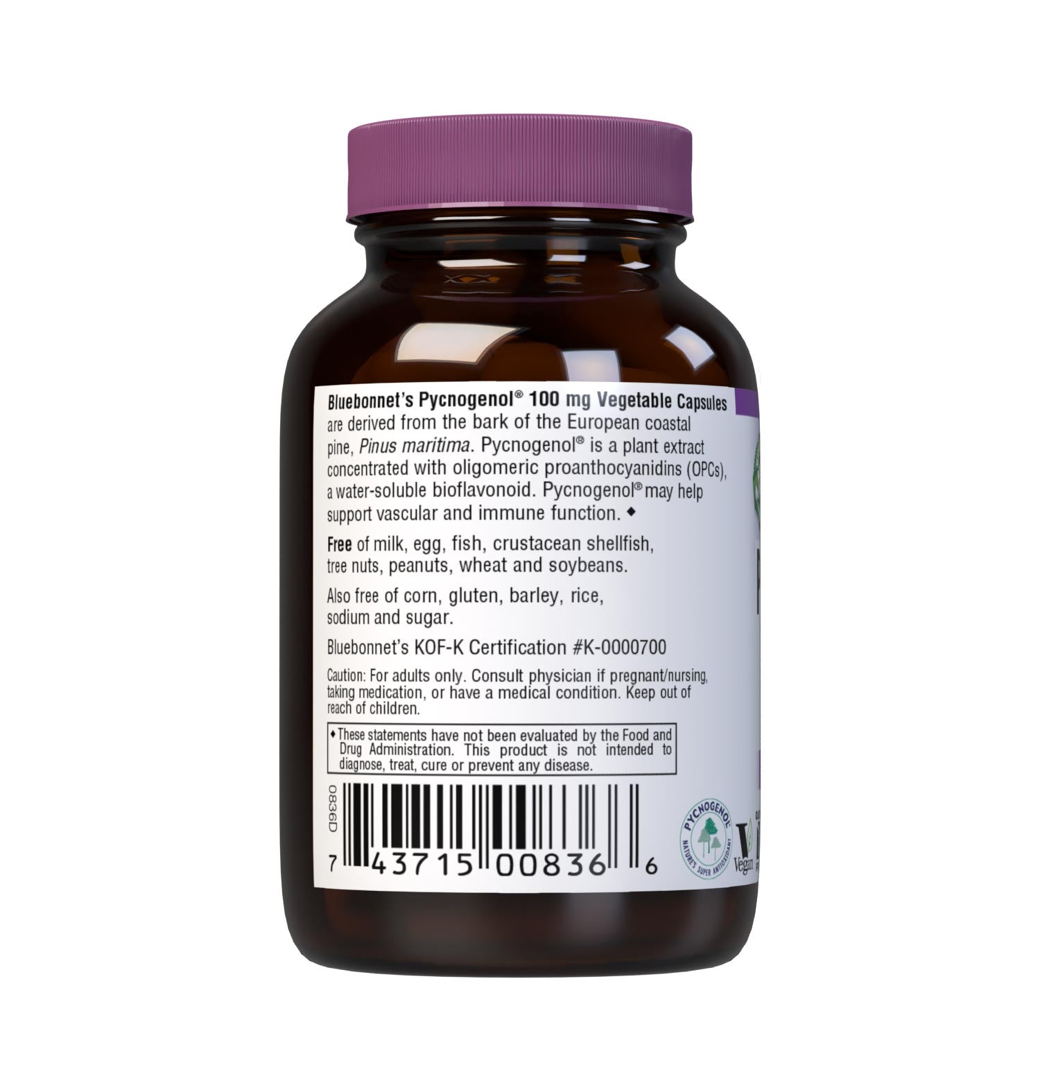 Bluebonnet’s Pycnogenol 100 mg 60 Vegetable Capsules are derived from the bark of the European coastal pine, Pinus maritima. Pycnogenol is a plant extract concentrated with oligomeric proanthocyanidins (OPCs), a water-soluble bioflavonoid. Pycnogenol may help support vascular and immune function. Description panel. #size_60 count