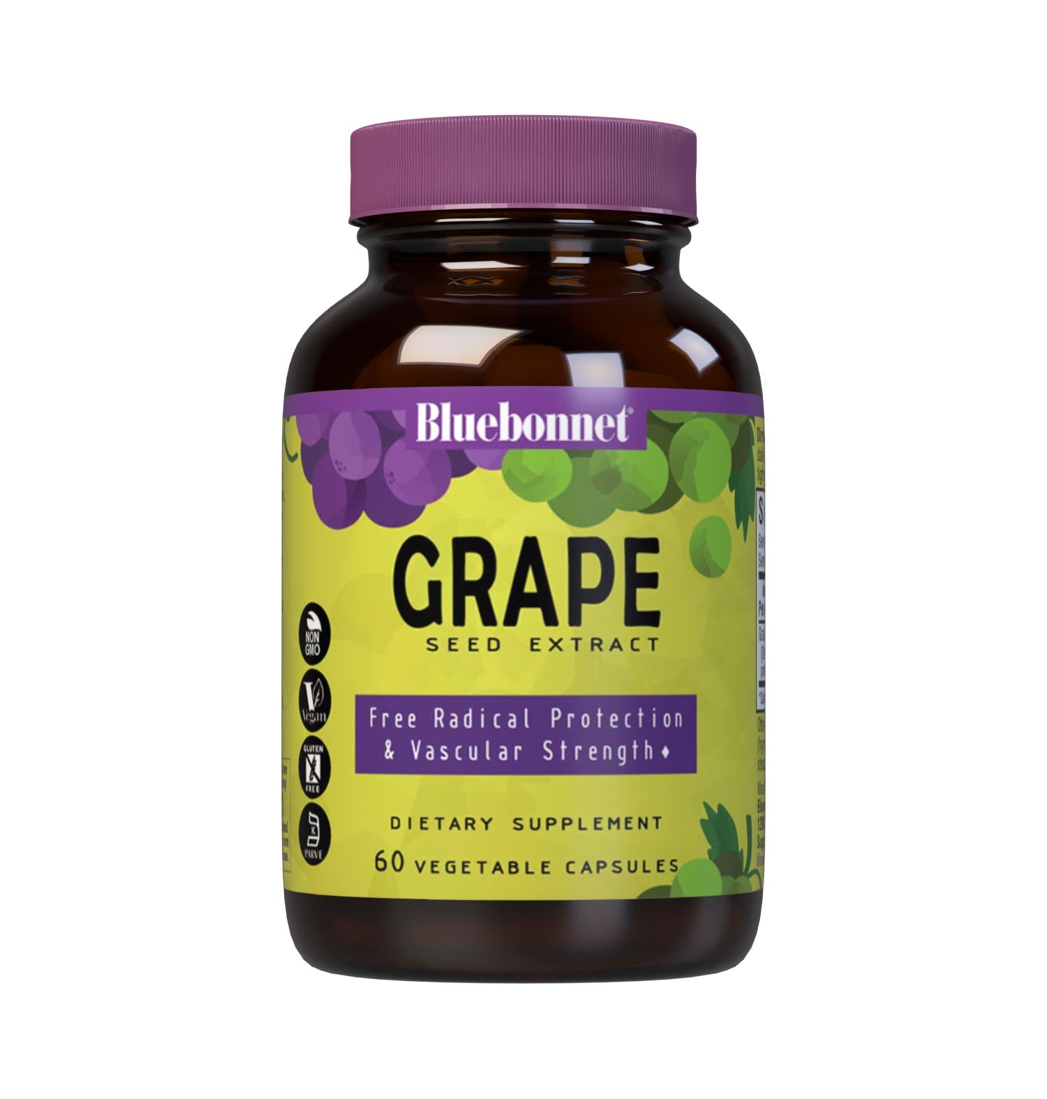 Bluebonnet’s Super Fruit Grape Seed Extract 60 Vegetable Capsules are derived from Champagne grape seeds imported from France. These special grape seeds are turned into an extract known as Leucoselect supplying 100 mg per serving of grape seed extract standardized to 95% total polyphenols including oligomeric proanthocyanidins, monomeric polyphenols and flavonoids. These potent active constituents help support circulatory health and protect against the damaging effects of free radicals. #size_60 count