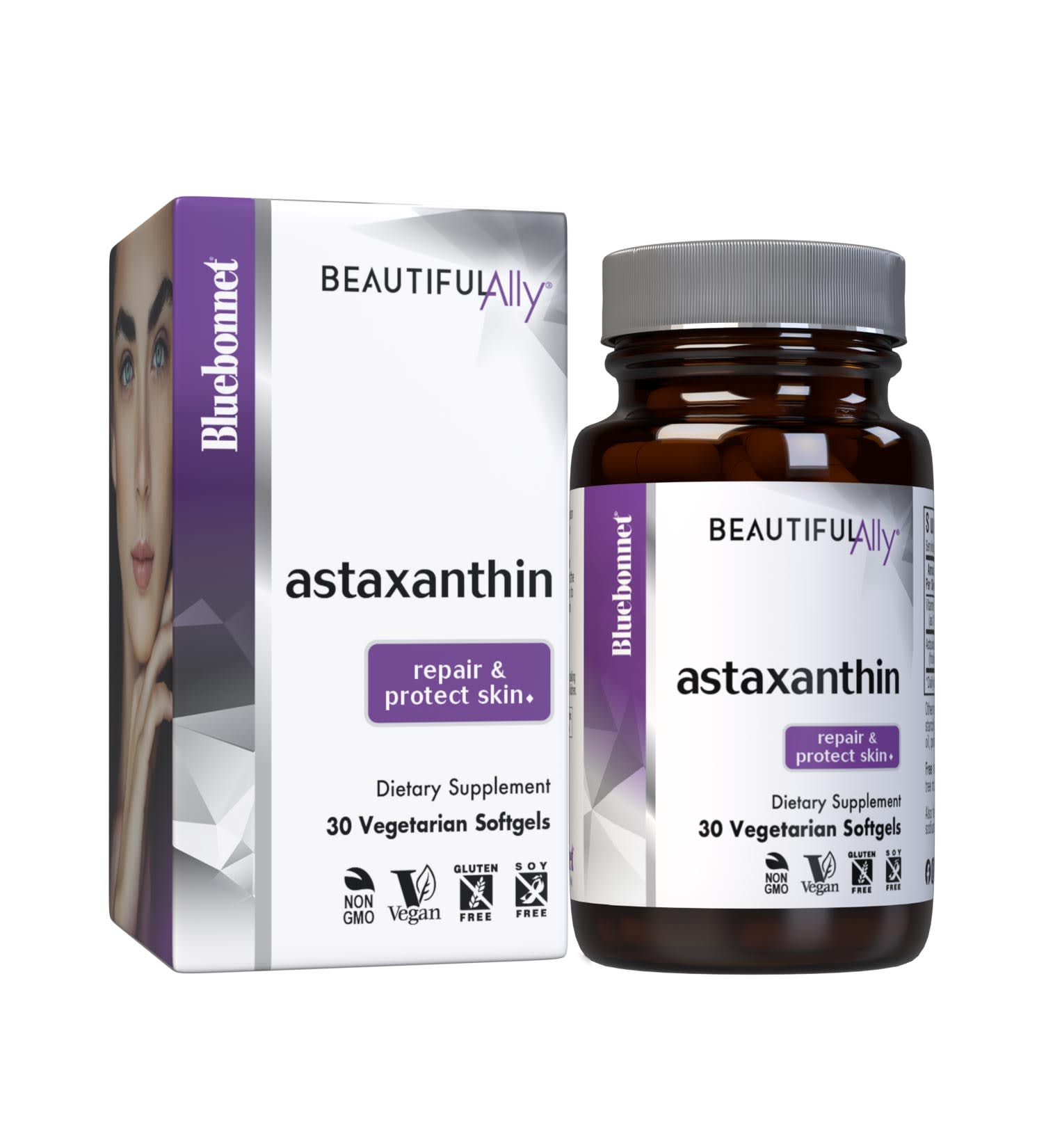 Bluebonnet’s Beautiful Ally Astaxanthin 30 Vegetarian Softgels are specially formulated to help repair and protect the skin from UV-induced oxidative stress that contributes to skin damage and aging with a vegan-based astaxanthin sustainably-sourced from marine algae. With box. #size_30 count