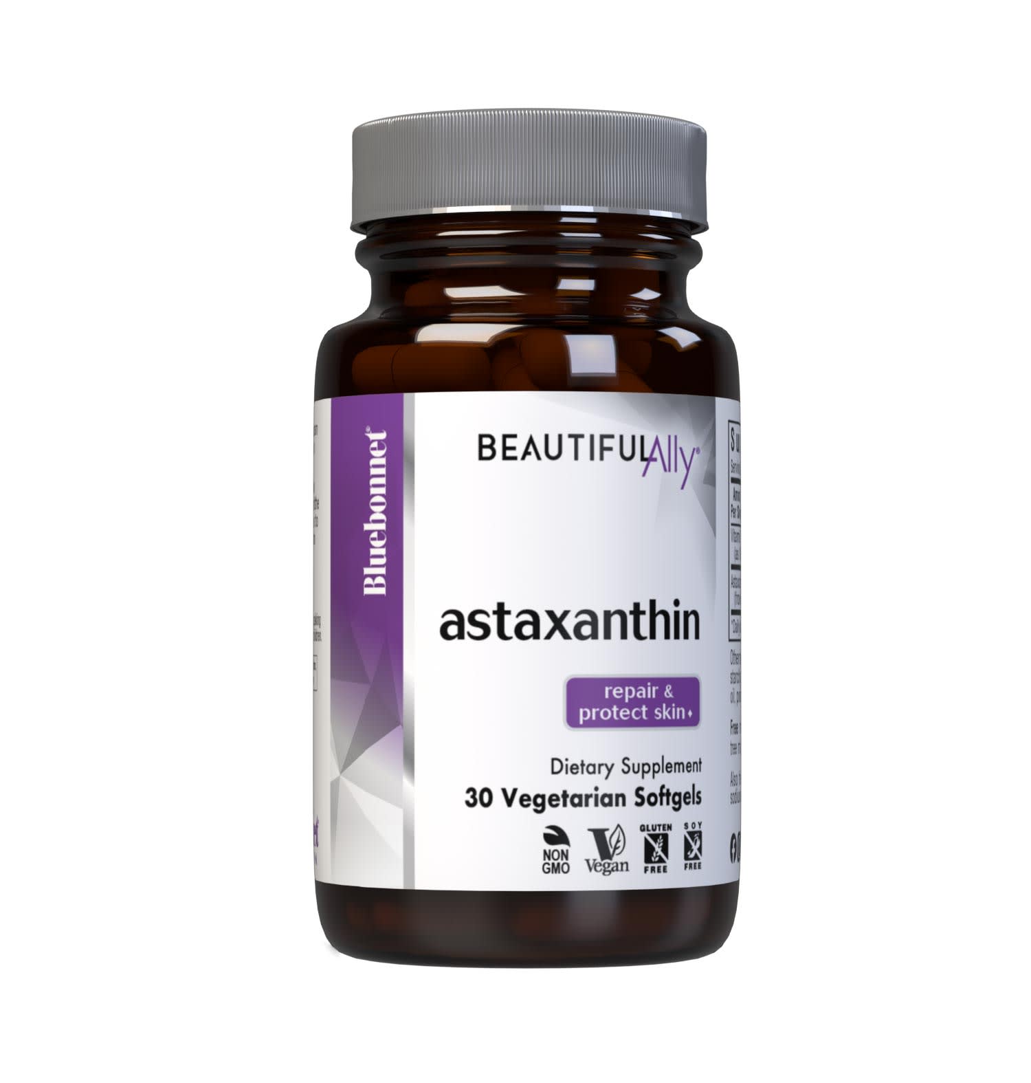 Bluebonnet’s Beautiful Ally Astaxanthin 30 Vegetarian Softgels are specially formulated to help repair and protect the skin from UV-induced oxidative stress that contributes to skin damage and aging with a vegan-based astaxanthin sustainably-sourced from marine algae. #size_30 count