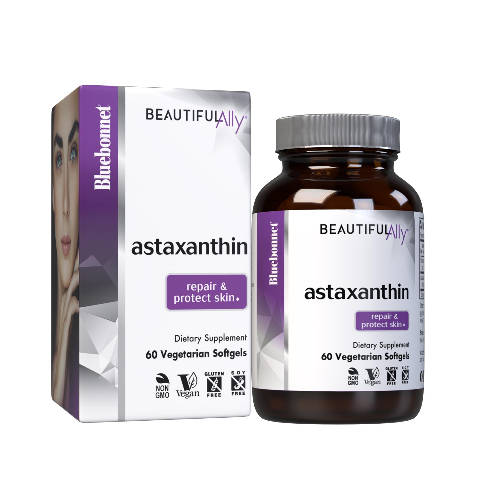 Bluebonnet’s Beautiful Ally Astaxanthin 60 Vegetarian Softgels are specially formulated to help repair and protect the skin from UV-induced oxidative stress that contributes to skin damage and aging with a vegan-based astaxanthin sustainably-sourced from marine algae. With box. #size_60 count