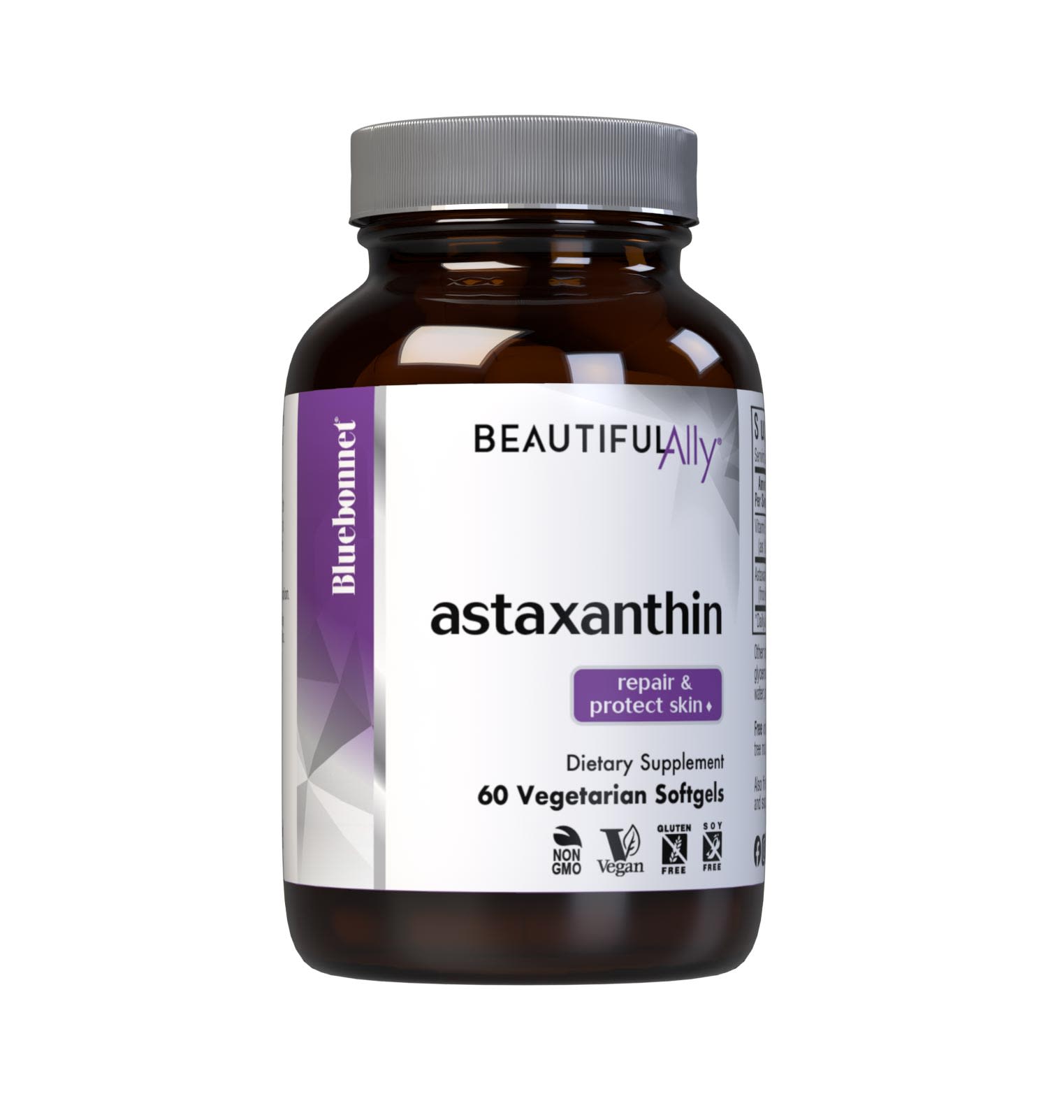 Bluebonnet’s Beautiful Ally Astaxanthin 60 Vegetarian Softgels are specially formulated to help repair and protect the skin from UV-induced oxidative stress that contributes to skin damage and aging with a vegan-based astaxanthin sustainably-sourced from marine algae. #size_60 count