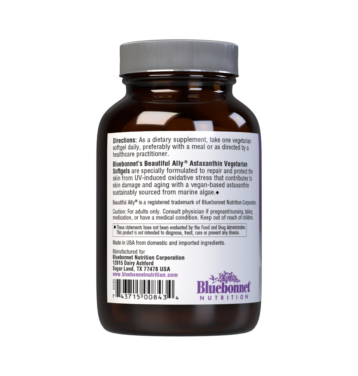 Bluebonnet’s Beautiful Ally Astaxanthin 60 Vegetarian Softgels are specially formulated to help repair and protect the skin from UV-induced oxidative stress that contributes to skin damage and aging with a vegan-based astaxanthin sustainably-sourced from marine algae. Description panel. #size_60 count