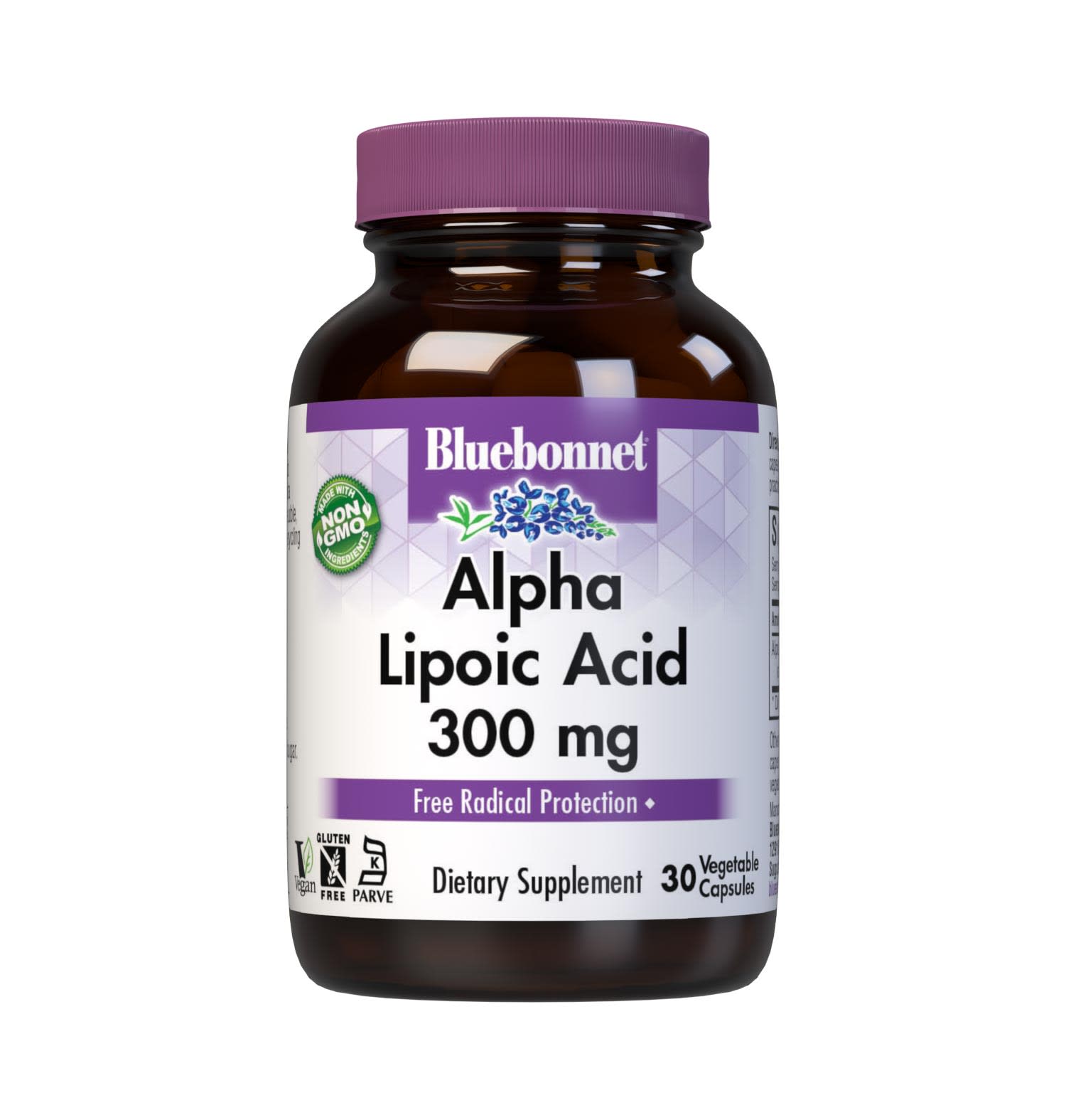 Bluebonnet's Alpha Lipoic Acid 300 mg 30 Vegetable Capsules are formulated with the powerful free radical scavenger alpha lipoic acid in its crystalline form. Alpha lipoic acid is unique in that it is both fat-soluble and water-soluble, and supports the production of glutathione and the recycling of the vitamins C and E for cellular protection. #size_30 count