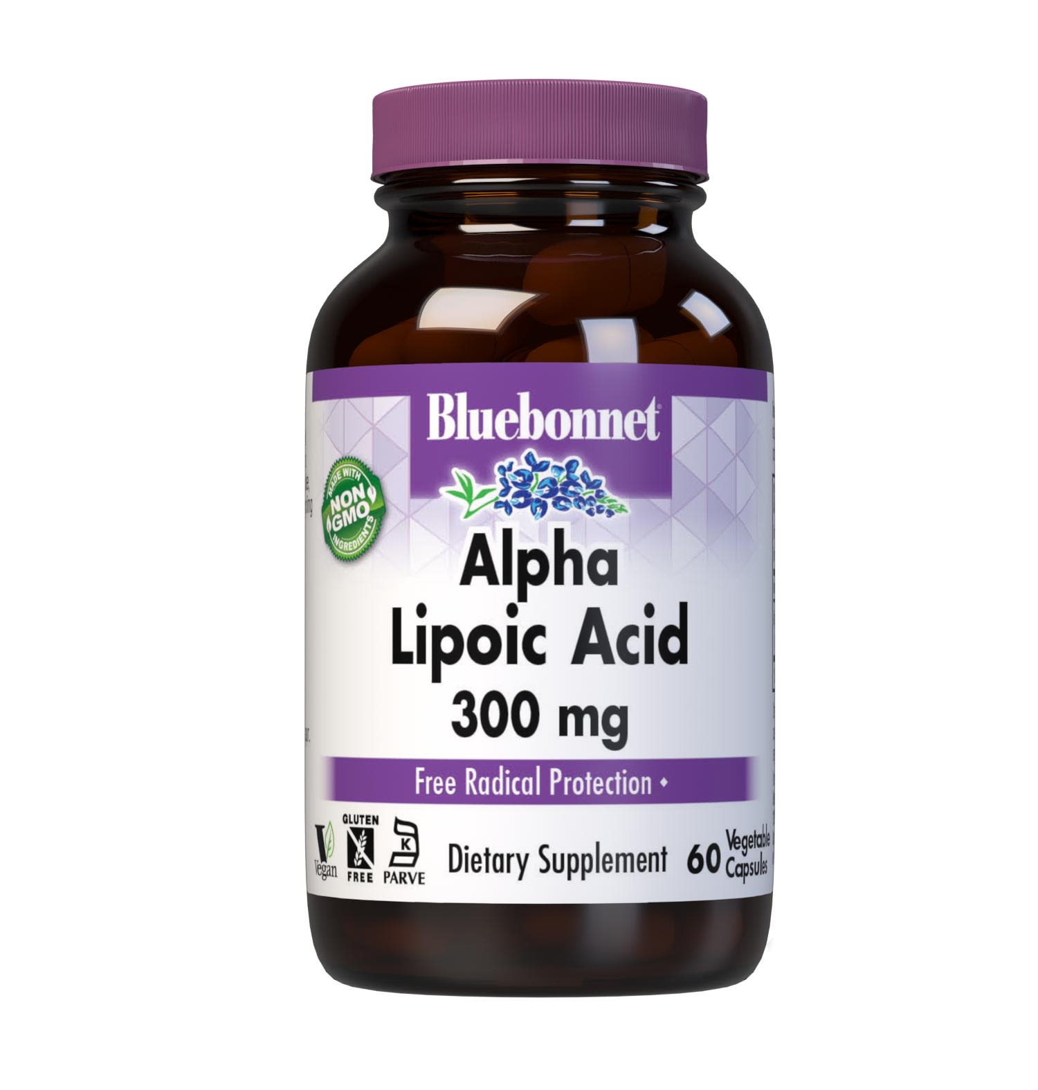 Bluebonnet's Alpha Lipoic Acid 300 mg 60 Vegetable Capsules are formulated with the powerful free radical scavenger alpha lipoic acid in its crystalline form. Alpha lipoic acid is unique in that it is both fat-soluble and water-soluble, and supports the production of glutathione and the recycling of the vitamins C and E for cellular protection. #size_60 count