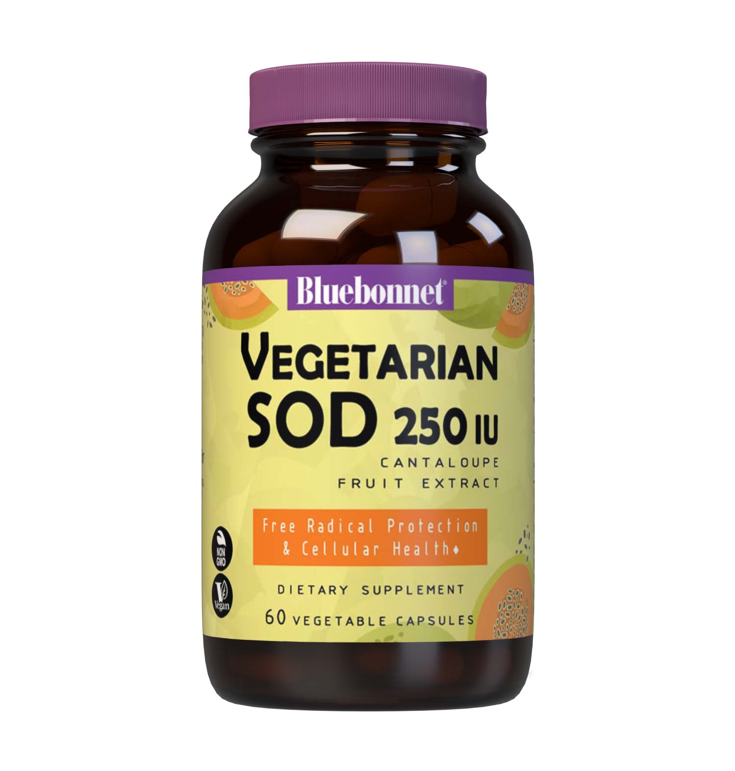 Bluebonnet’s Super Fruit Vegetarian SOD 250 IU Cantaloupe Melon Fruit Extract 60 Vegetable Capsules are formulated with the first orally effective, vegetarian form of superoxide dismutase (SOD) from cantaloupe melon in a gliadin complex. #size_60 count