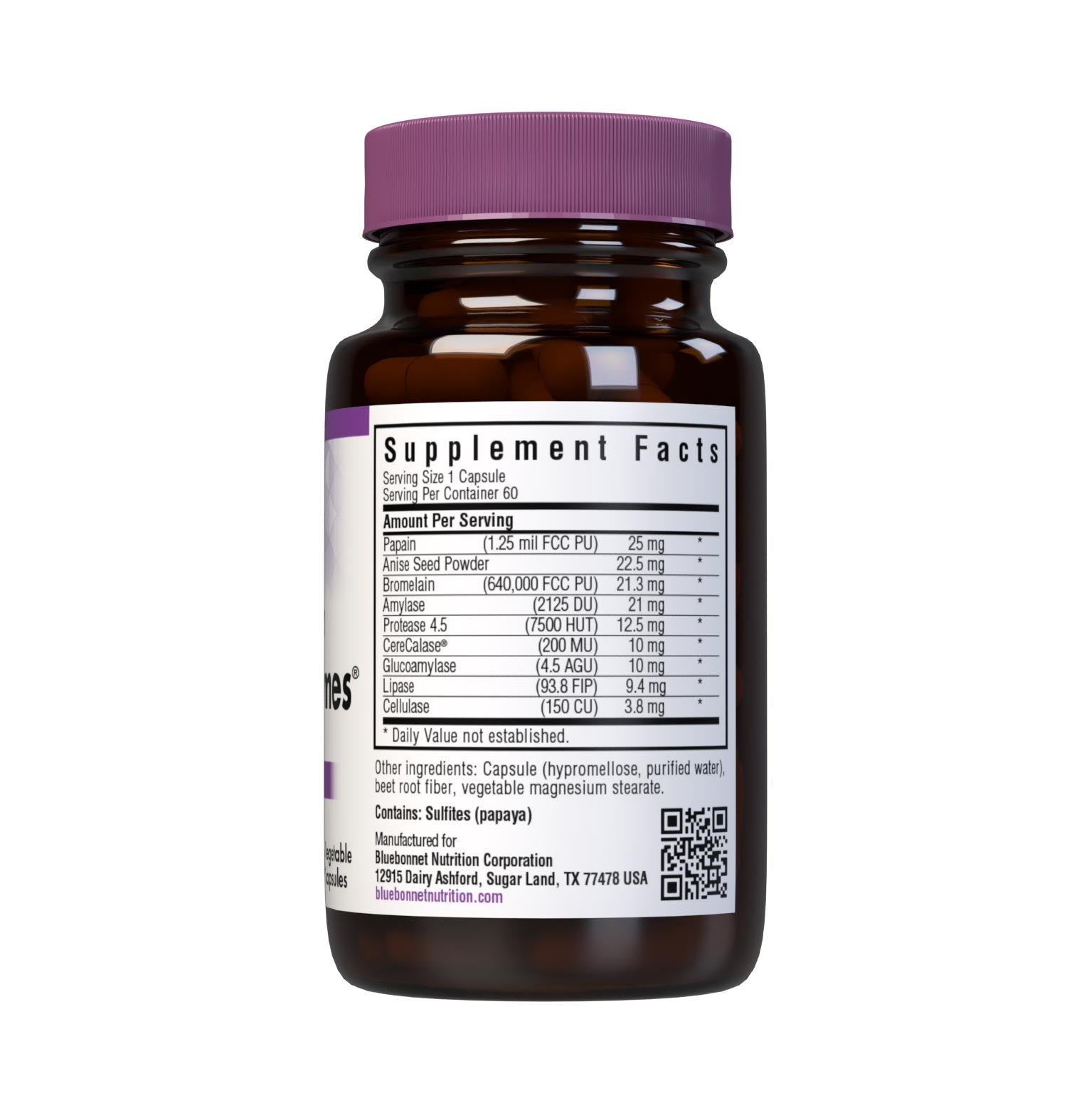 Bluebonnet’s Full Spectrum Optimum Enzymes 60 Vegetable Capsules are formulated with a combination of plant-based enzymes that help support the breakdown of protein, carbohydrates, and fats for digestive health. Supplement facts panel. #size_60 count