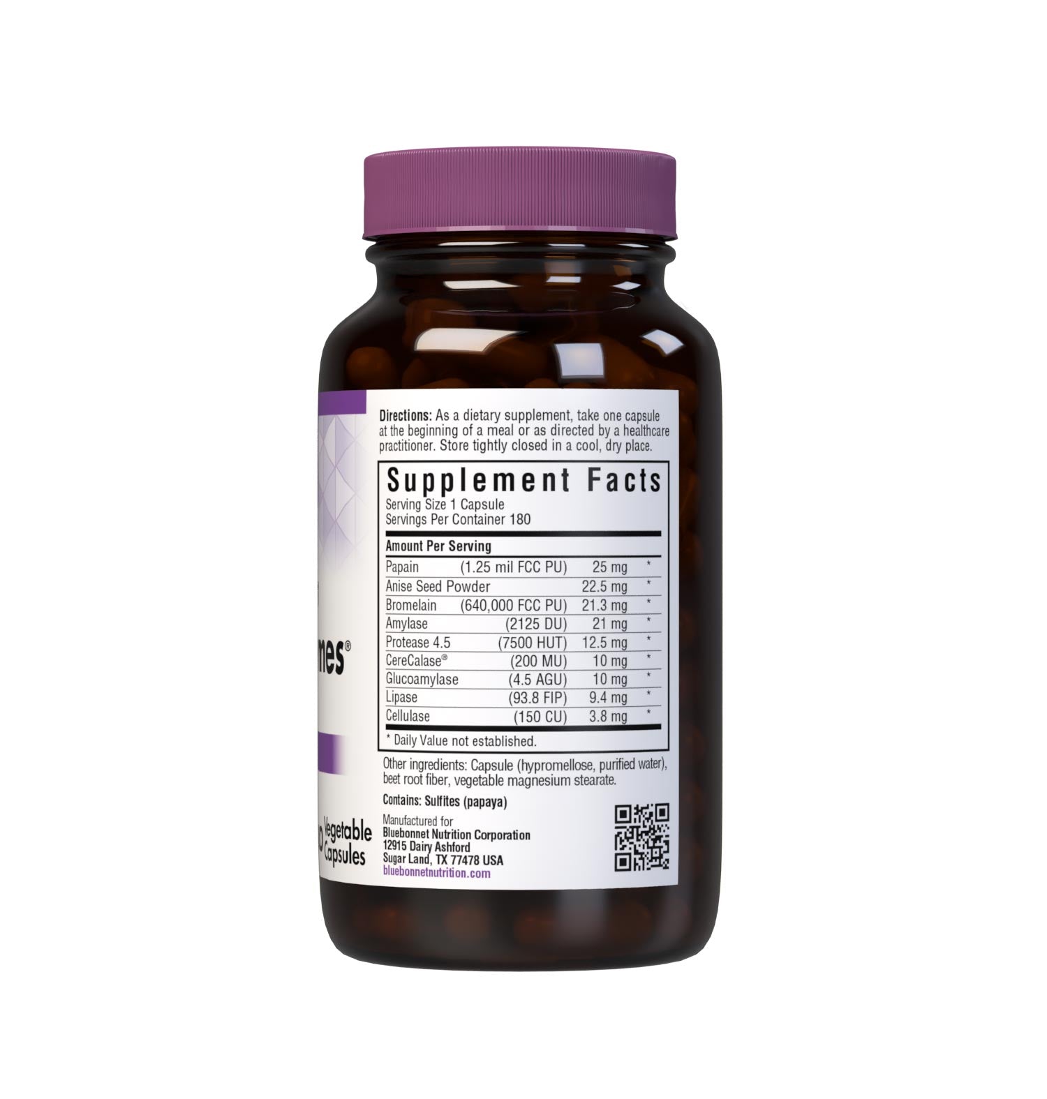 Bluebonnet’s Full Spectrum Optimum Enzymes 180 Vegetable Capsules are formulated with a combination of plant-based enzymes that help support the breakdown of protein, carbohydrates, and fats for digestive health. Supplement facts panel. #size_180 count