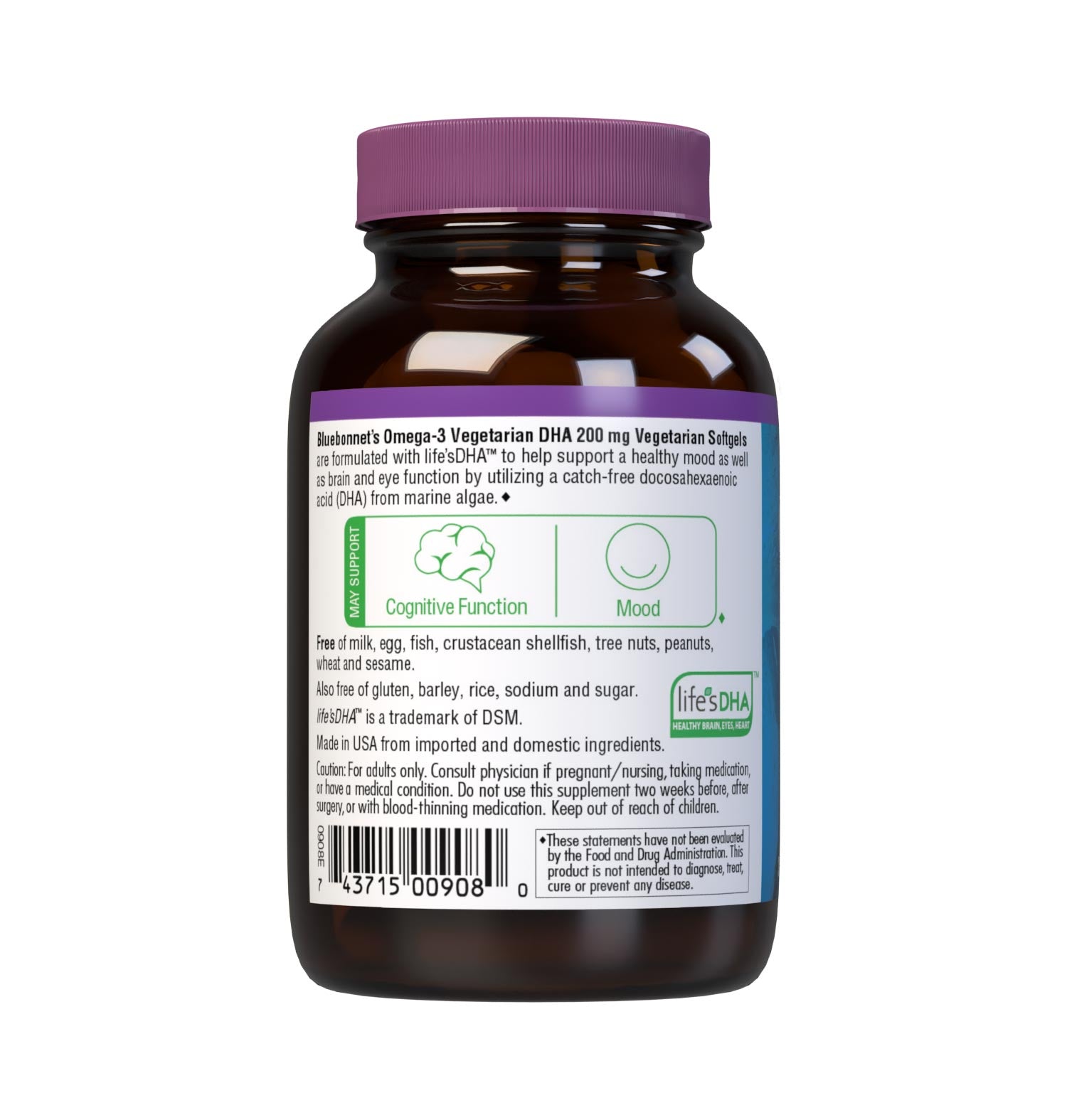Bluebonnet’s Omega-3 Vegetarian DHA 200 mg 30 Vegetarian Softgels are formulated with life’sDHA, to help support a healthy mood as well as brain and eye function by utilzing a catch-free docosahexaenoic acid (DHA) from marine algae. Description panel. #size_30 count