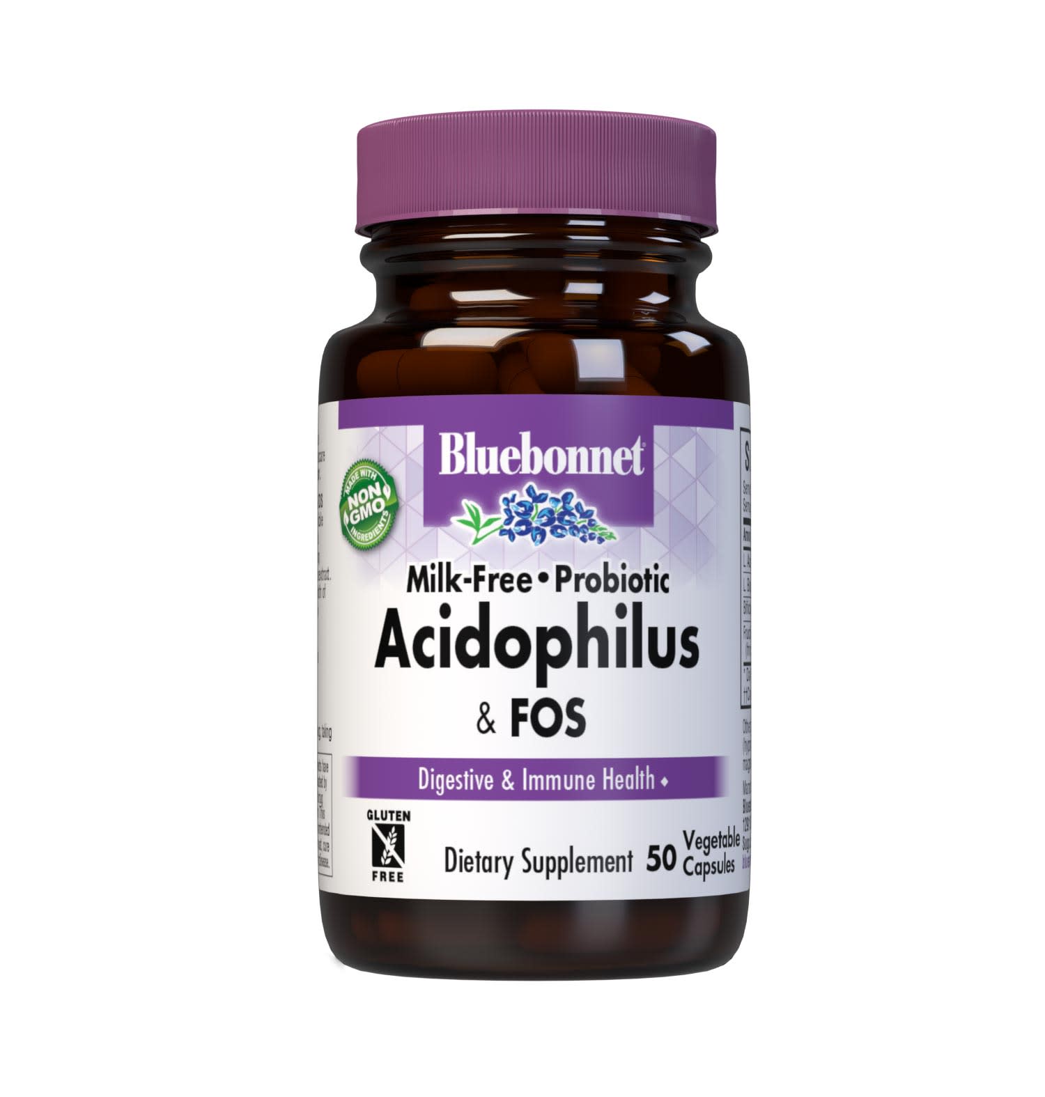 Bluebonnet’s Milk-Free Probiotic Acidophilus & FOS 50 Vegetable Capsules are formulated with over three billion viable cultures from lactobacillus acidophilus, lactobacillus bulgaricus, bifidobacterium bifidum strains along with FOS (fructooligosaccharides) from chicory root extract. This probiotic formula is designed to assist the growth of friendly bacteria in the gut to help support digestive and immune health. #size_50 count