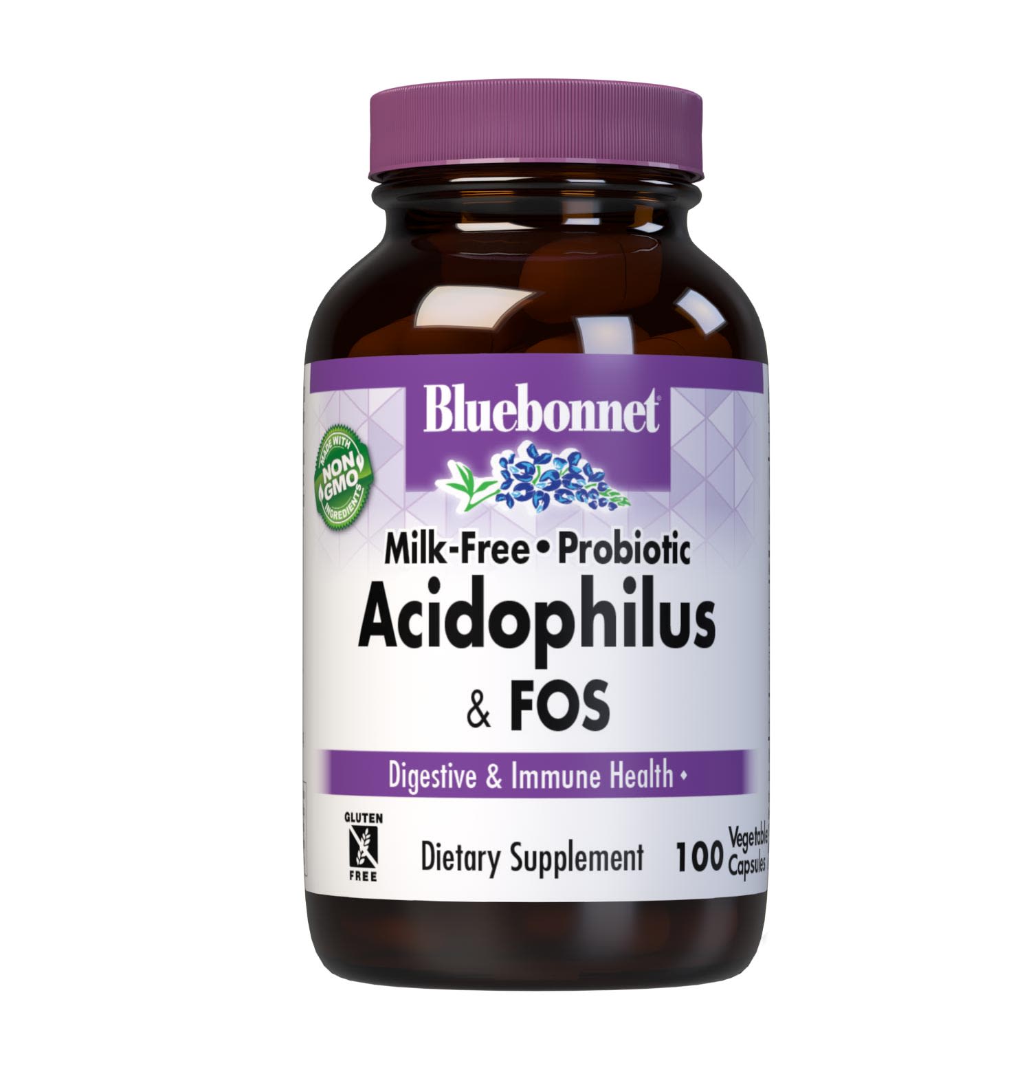 Bluebonnet’s Milk-Free Probiotic Acidophilus & FOS 100 Vegetable Capsules are formulated with over three billion viable cultures from lactobacillus acidophilus, lactobacillus bulgaricus, bifidobacterium bifidum strains along with FOS (fructooligosaccharides) from chicory root extract. This probiotic formula is designed to assist the growth of friendly bacteria in the gut to help support digestive and immune health. #size_100 count