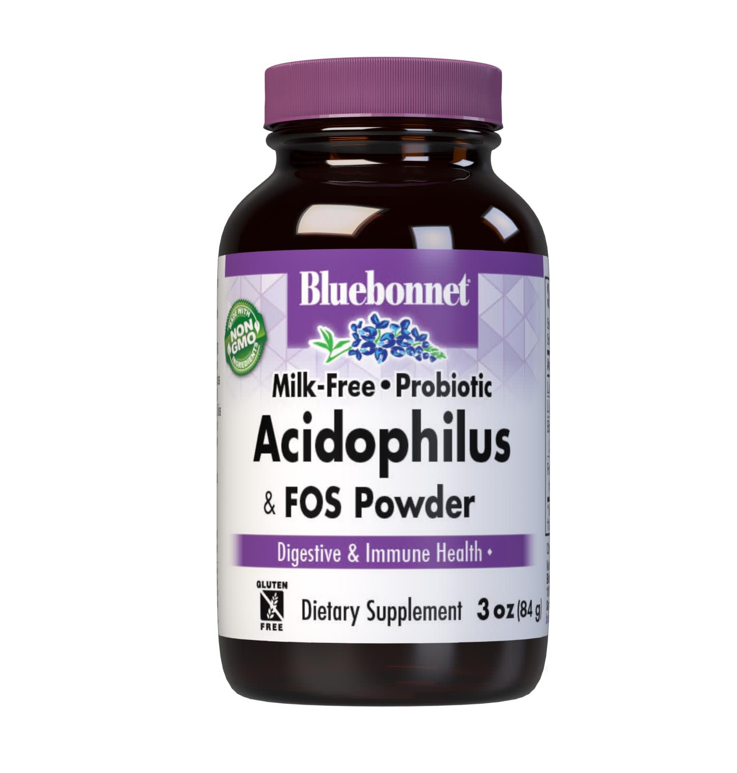 Bluebonnet’s Milk-Free Probiotic Acidophilus & FOS powder is formulated with 10 billion viable cultures from lactobacillus acidophilus, lactobacillus bulgaricus, bifidobacterium bifidum strains along with FOS (fructooligosaccharides) from chicory root extract. This probiotic formula is designed to assist the growth of friendly bacteria in the gut to help support digestive and immune health. #size_3 oz