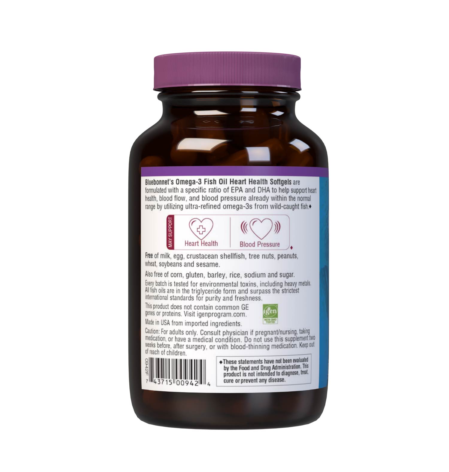 Bluebonnet’s Omega-3 Fish Oil Heart Health 60 Softgels are formulated with a specific ratio of EPA and DHA to help support heart function, blood flow, and blood pressure within the normal range by utilizing ultra-refined omega-3s from wild-caught fish. Description panel. #size_60 count