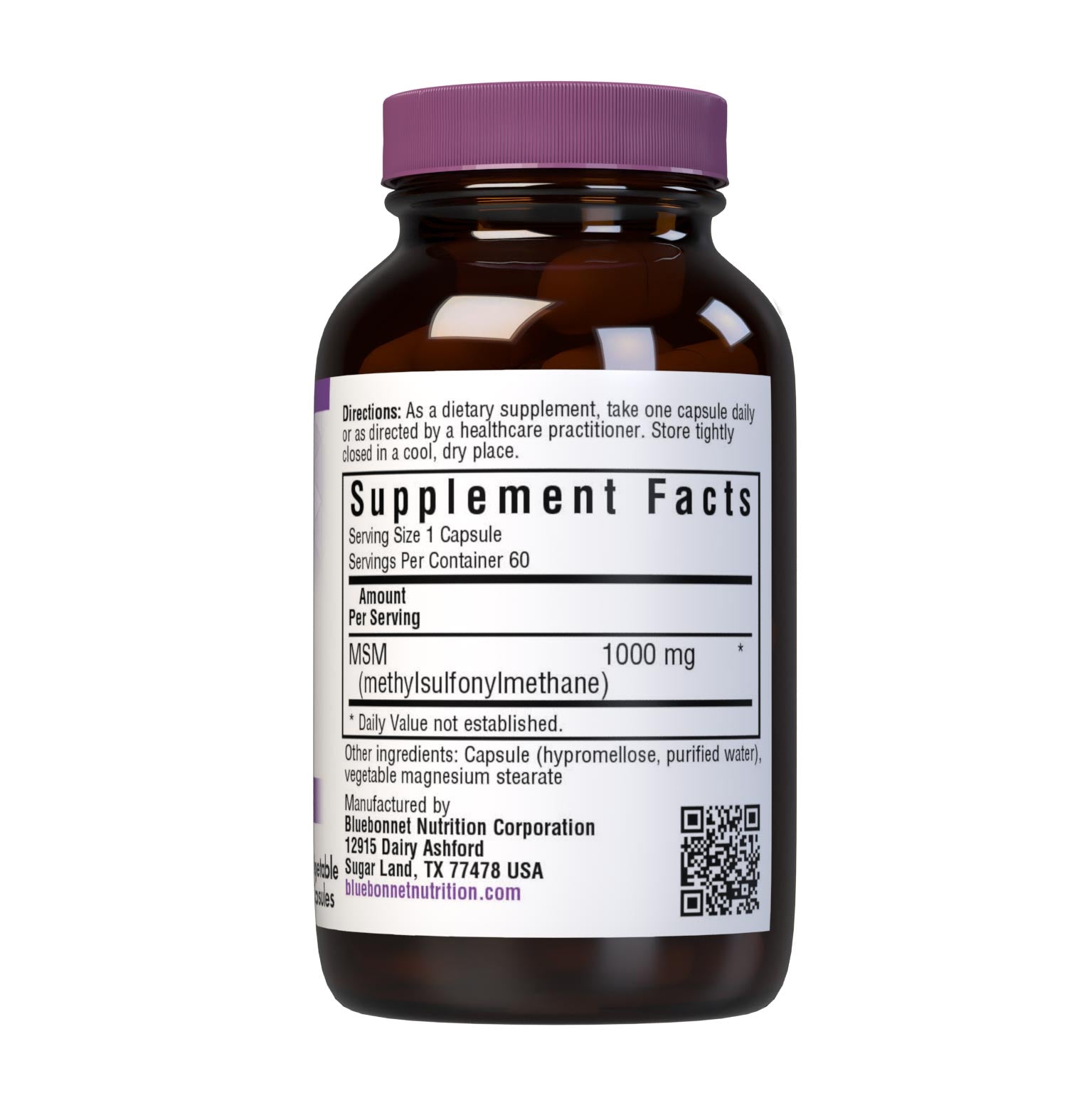 Bluebonnet’s MSM 1000 mg 60 Vegetable Capsules are formulated with patented OptiMSM methylsulfonylmethane, a non-toxic form of active sulfur that is tested in our own state-of-the-art laboratory for purity and potency. MSM helps support healthy joint cartilage and connective tissue. Supplement facts panel. #size_60 count