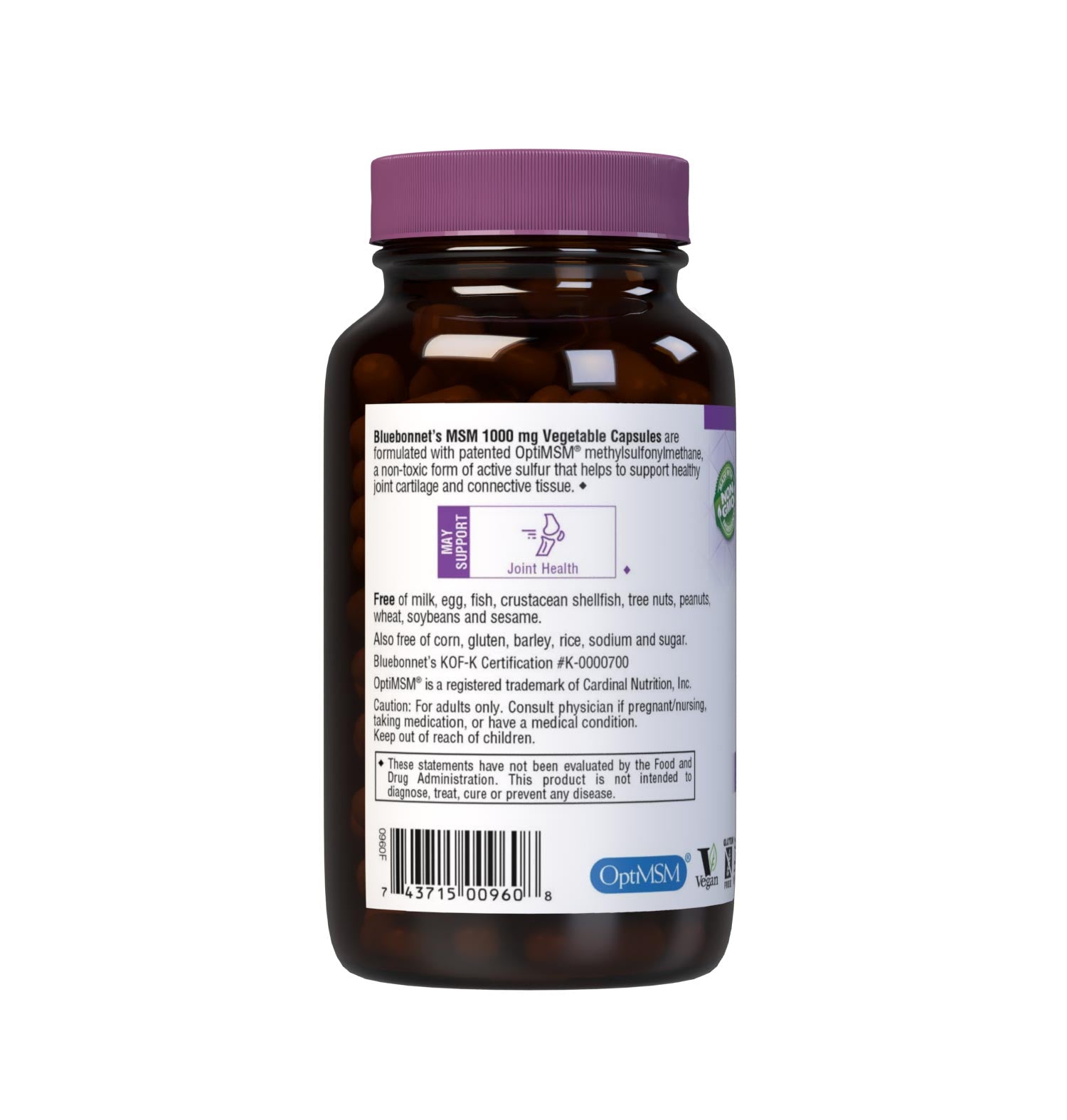 Bluebonnet’s MSM 1000 mg 120 Vegetable Capsules are formulated with patented OptiMSM methylsulfonylmethane, a non-toxic form of active sulfur that is tested in our own state-of-the-art laboratory for purity and potency. MSM helps support healthy joint cartilage and connective tissue. Description panel. #size_120 count