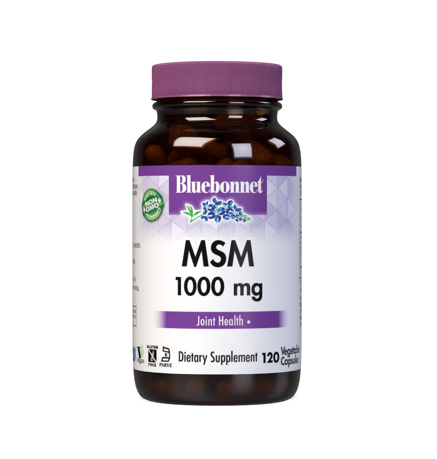Bluebonnet’s MSM 1000 mg 120 Vegetable Capsules are formulated with patented OptiMSM methylsulfonylmethane, a non-toxic form of active sulfur that is tested in our own state-of-the-art laboratory for purity and potency. MSM helps support healthy joint cartilage and connective tissue. #size_120 count