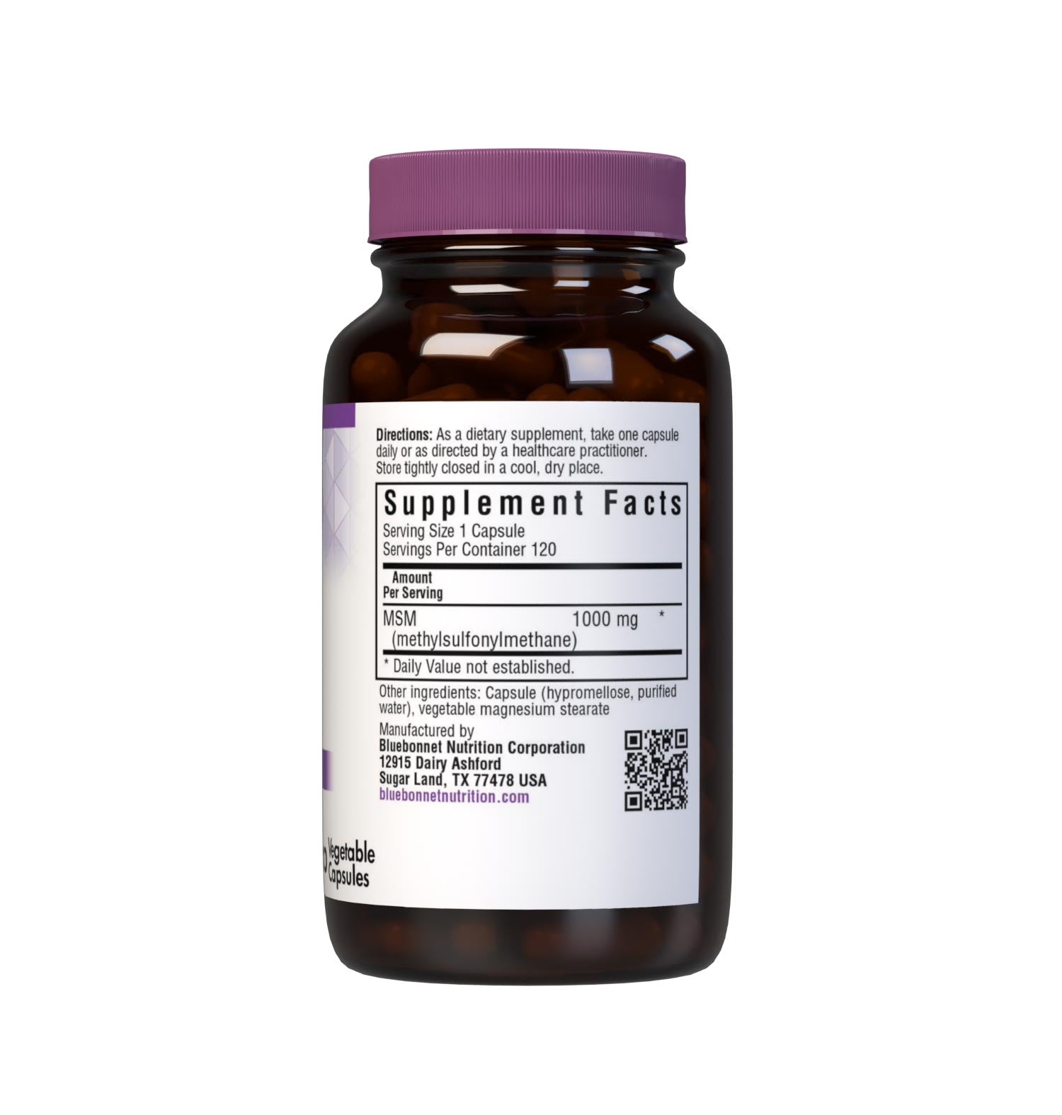 Bluebonnet’s MSM 1000 mg 120 Vegetable Capsules are formulated with patented OptiMSM methylsulfonylmethane, a non-toxic form of active sulfur that is tested in our own state-of-the-art laboratory for purity and potency. MSM helps support healthy joint cartilage and connective tissue. Supplement facts panel. #size_120 count