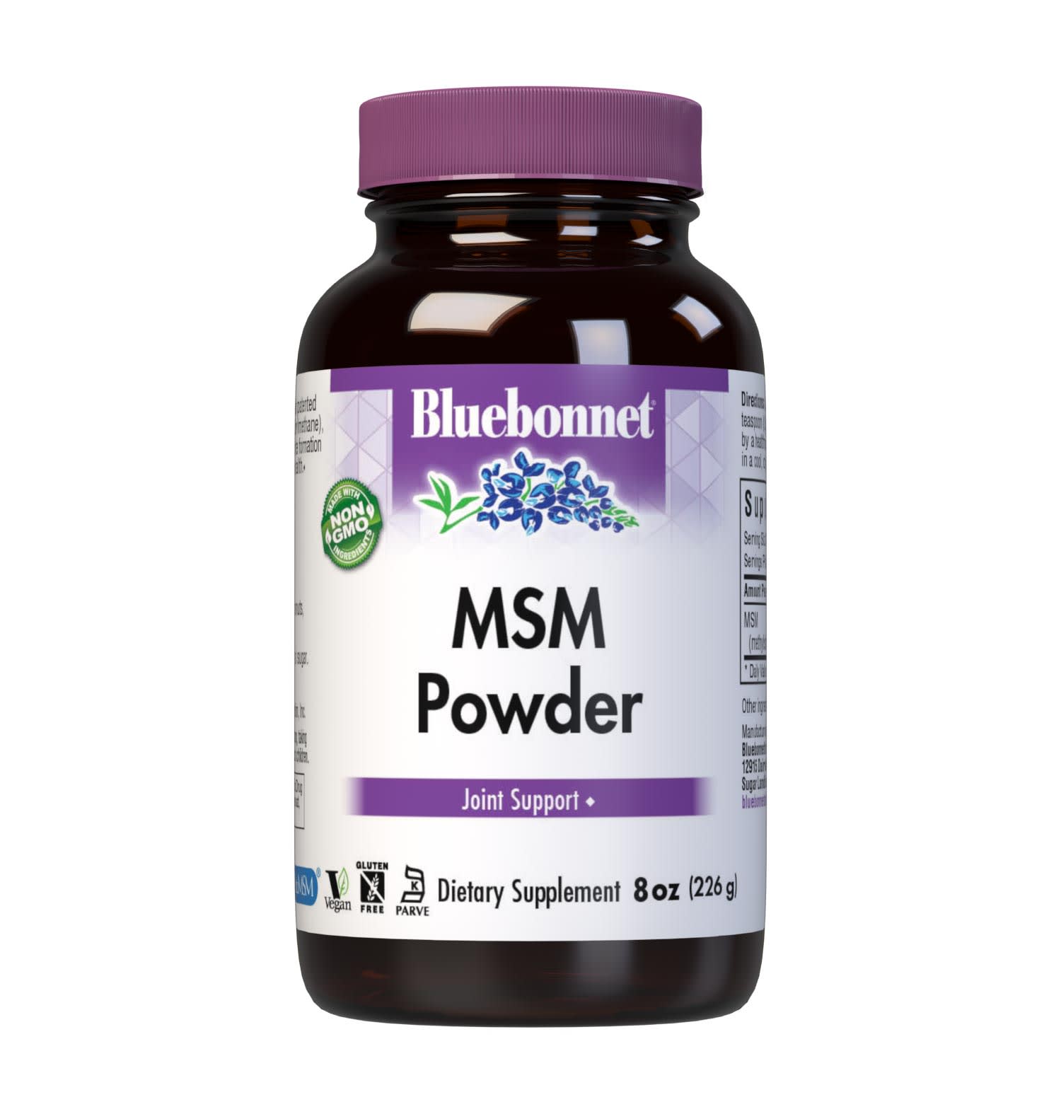 Bluebonnet’s MSM Powder is formulated with patented and clinically studied OptiMSM (methylsulfonylmethane), a non-toxic form of active sulfur that helps support the formation of healthy connective tissues for better joint health. #size_8 oz