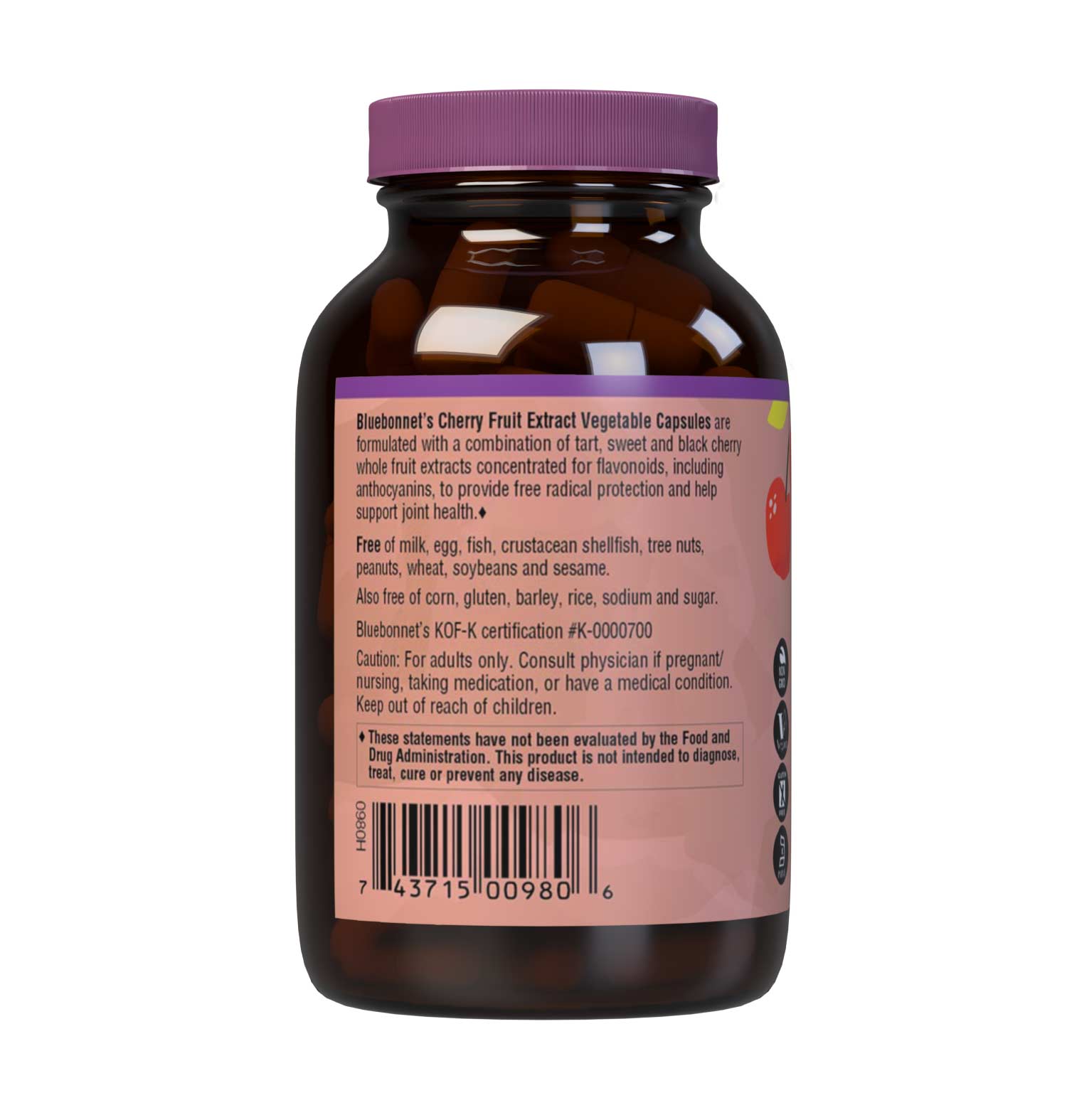Bluebonnet's Cherry Fruit Extract 60 Vegetable Capsules are formulated with a combination of tart, sweet and black cherry to provide free radical protection and support joint health. Description panel. #size_60 count