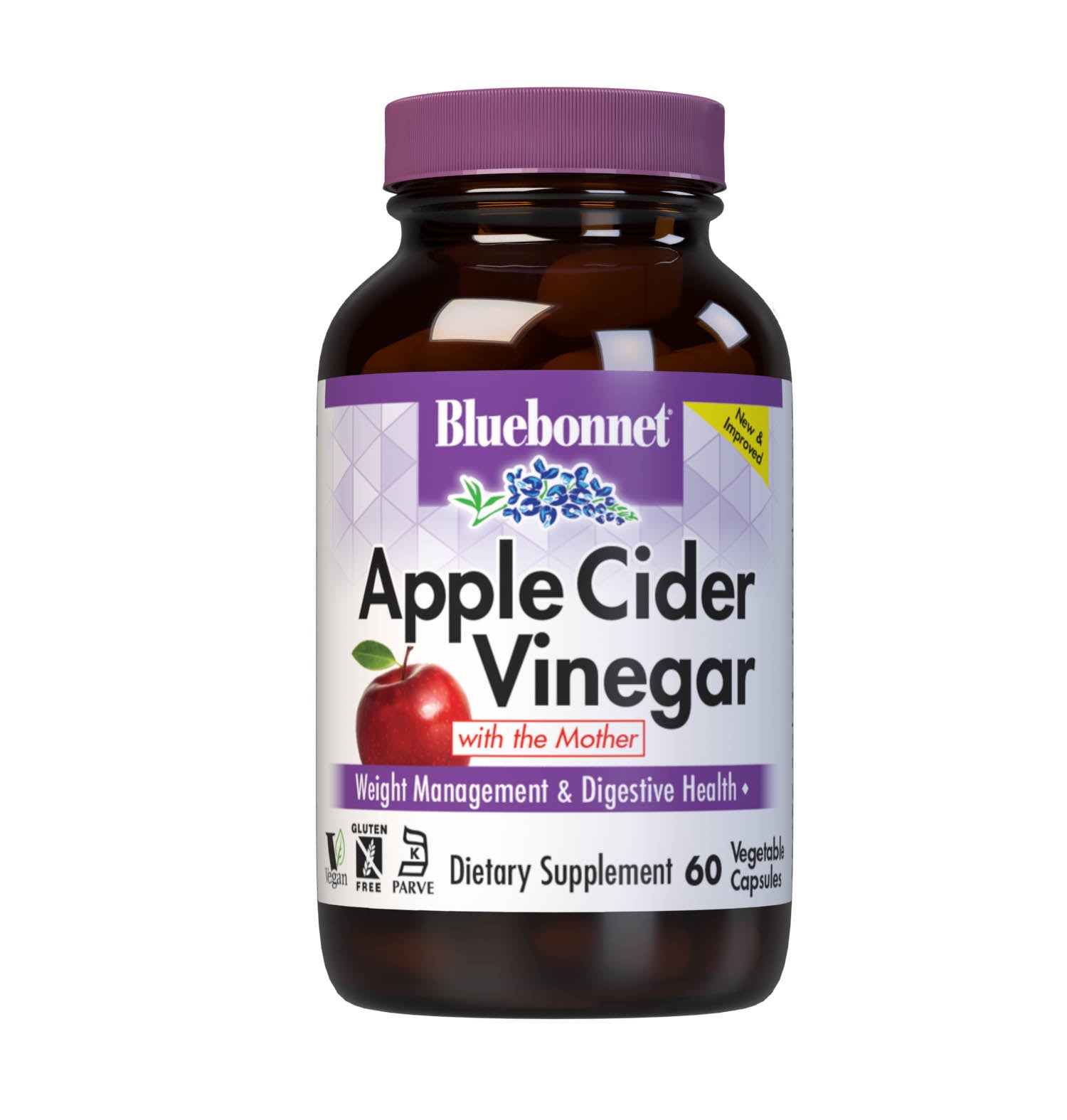 Bluebonnet’s Apple Cider Vinegar with the Mother 60 Vegetable Capsules are carefully crafted from cold-pressed juice of organic apples, which has been fermented and standardized for acetic acid to support weight management and digestive health. #size_60 count