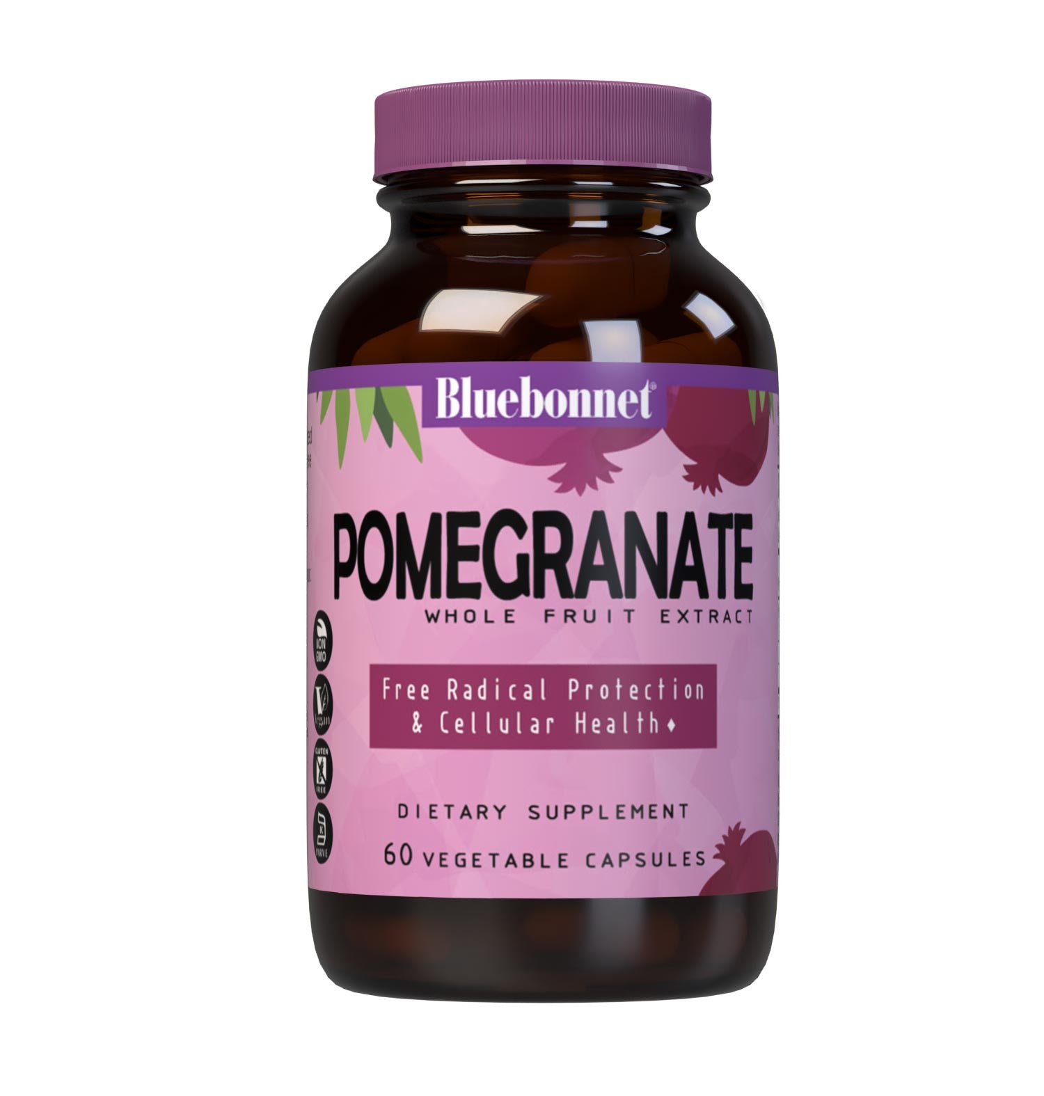 Bluebonnet’s Pomegranate Whole Fruit Extract 60 Vegetable Capsules are formulated with a whole fruit extract that supplies polyphenols and punacalagins that provide free radical protection. #size_60 count