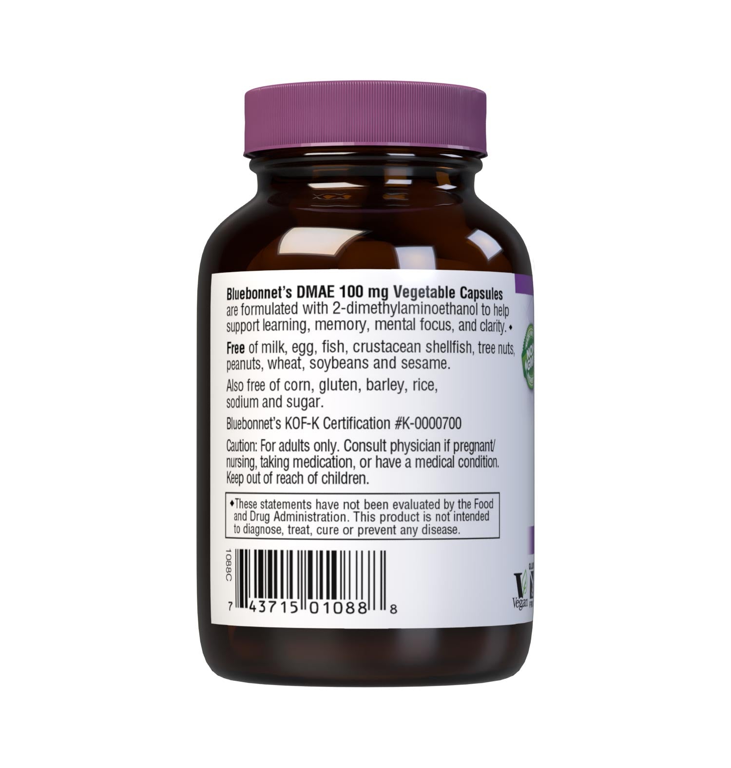 Bluebonnet’s DMAE 100 mg 50 Vegetable Capsules are formulated with 2-dimethylaminoethanol bitartrate to help support learning, memory, mental focus, and clarity. Description panel. #size_50 count