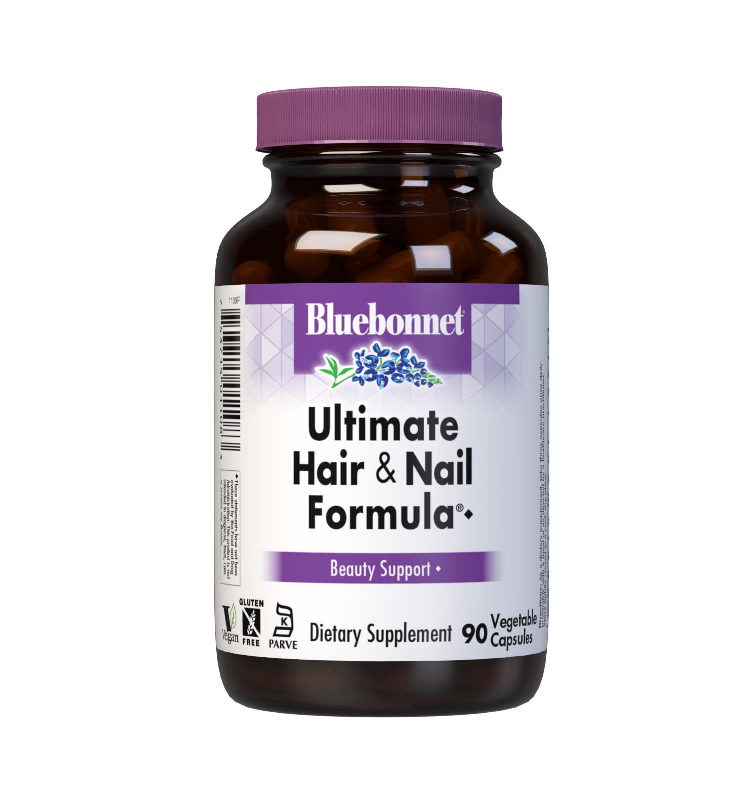 Bluebonnet’s Ultimate Hair & Nail Formula 90 Vegetable Capsules are specially formulated with high potency vitamins, minerals, amino acids, horsetail silica, and OptiMSM a superior form of active sulphur, for optimal hair and nail support. #size_90 count