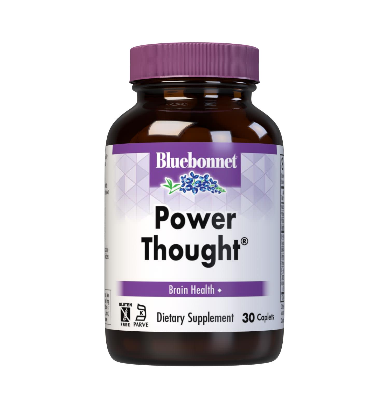 Bluebonnet’s Power Thought 30 Caplets are scientifically formulated with a powerful spectrum of highly advanced cognitive-enhancing nutrients, including sustainably-sourced botanicals, DMAE, phosphatidylserine and phosphatidylcholine, for optimal brain health. This complementary blend works to facilitate the communication between nerve cells, thereby enhancing the brain's ability to process, retain, and retrieve information for healthy cognitive function. #size_30 count