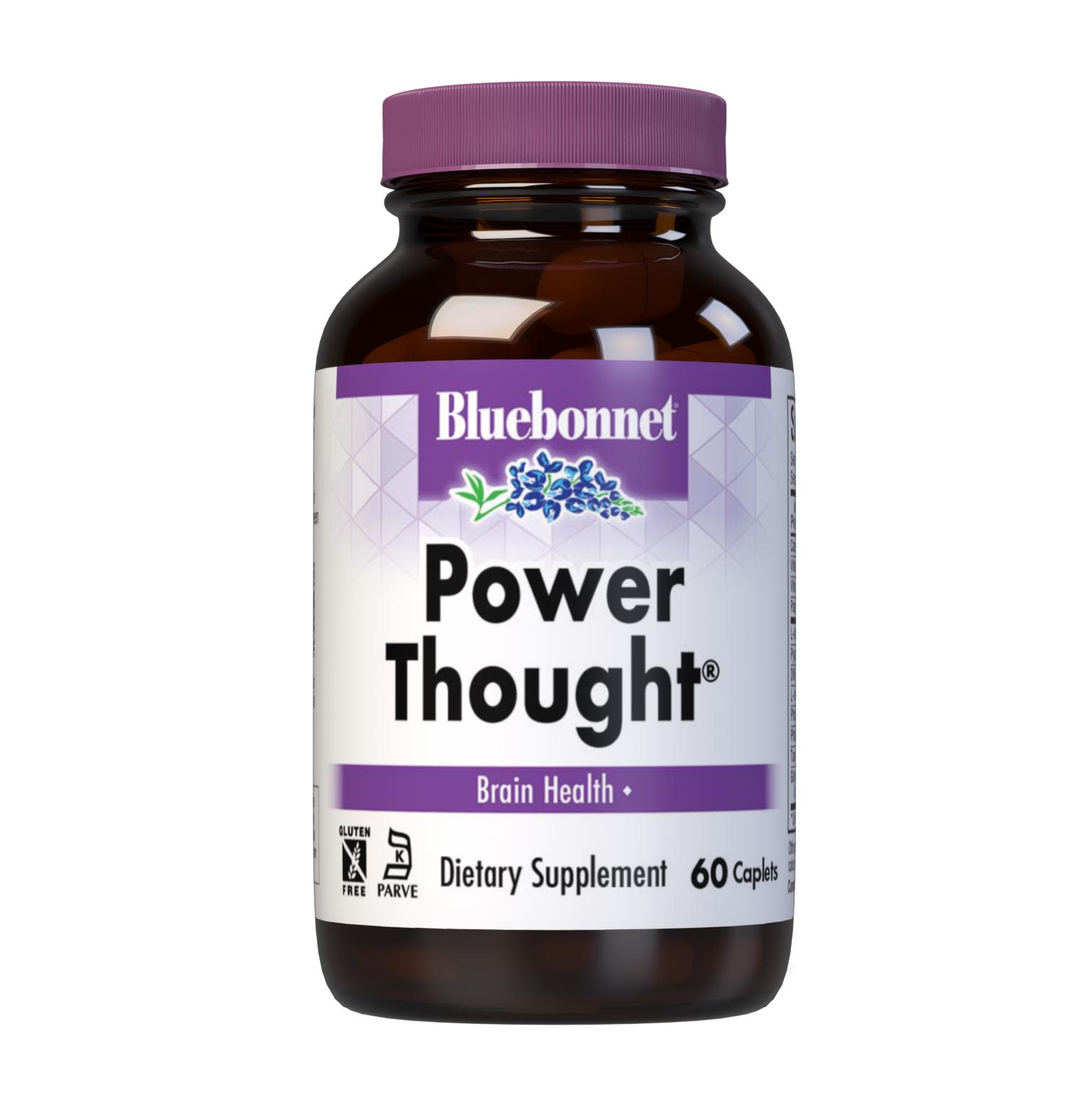 Bluebonnet’s Power Thought 60 Caplets are scientifically formulated with a powerful spectrum of highly advanced cognitive-enhancing nutrients, including sustainably-sourced botanicals, DMAE, phosphatidylserine and phosphatidylcholine, for optimal brain health. This complementary blend works to facilitate the communication between nerve cells, thereby enhancing the brain's ability to process, retain, and retrieve information for healthy cognitive function. #size_60 count