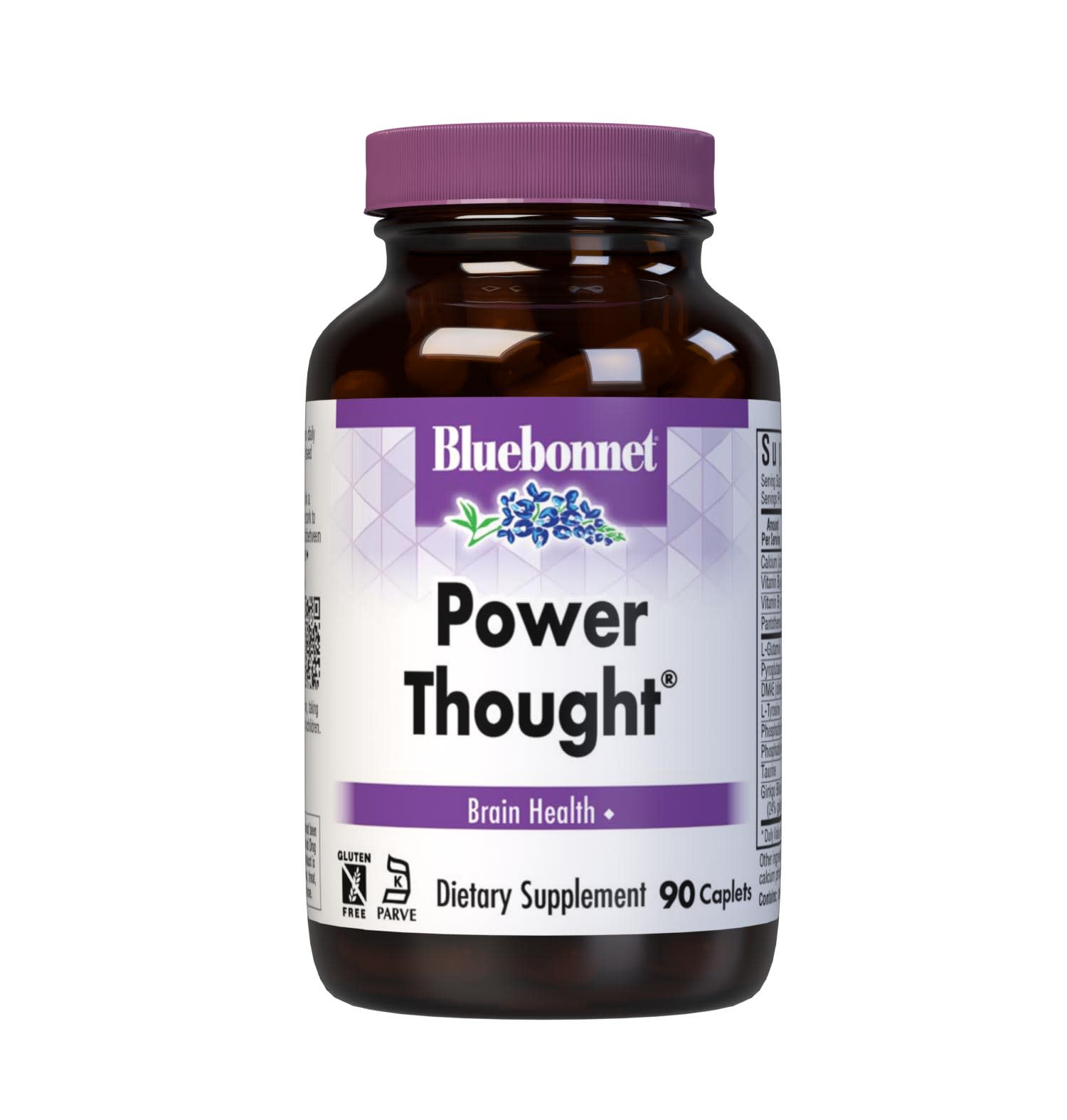Bluebonnet’s Power Thought 90 Caplets are scientifically formulated with a powerful spectrum of highly advanced cognitive-enhancing nutrients, including sustainably-sourced botanicals, DMAE, phosphatidylserine and phosphatidylcholine, for optimal brain health. This complementary blend works to facilitate the communication between nerve cells, thereby enhancing the brain's ability to process, retain, and retrieve information for healthy cognitive function. #size_90 count