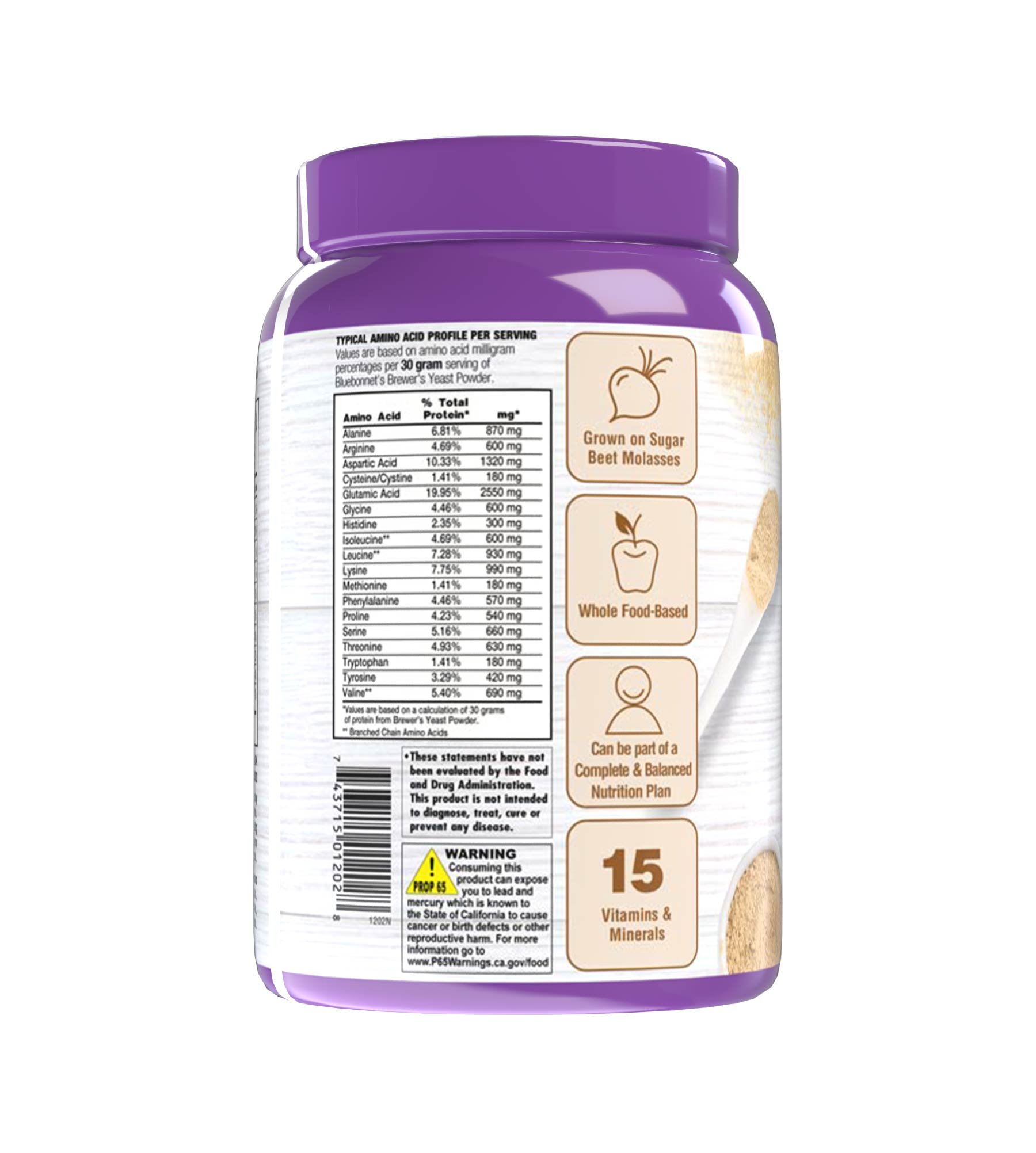 Bluebonnet’s Super Earth® Brewer’s Yeast Powder is formulated with a select strain of Saccharomyces cerevisiae that is carefully grown on certified non-GMO sugar beet molasses instead of the typical grain-derived brewer’s yeast that is recovered from the beer-brewing process. Description panel. #size_2 lb