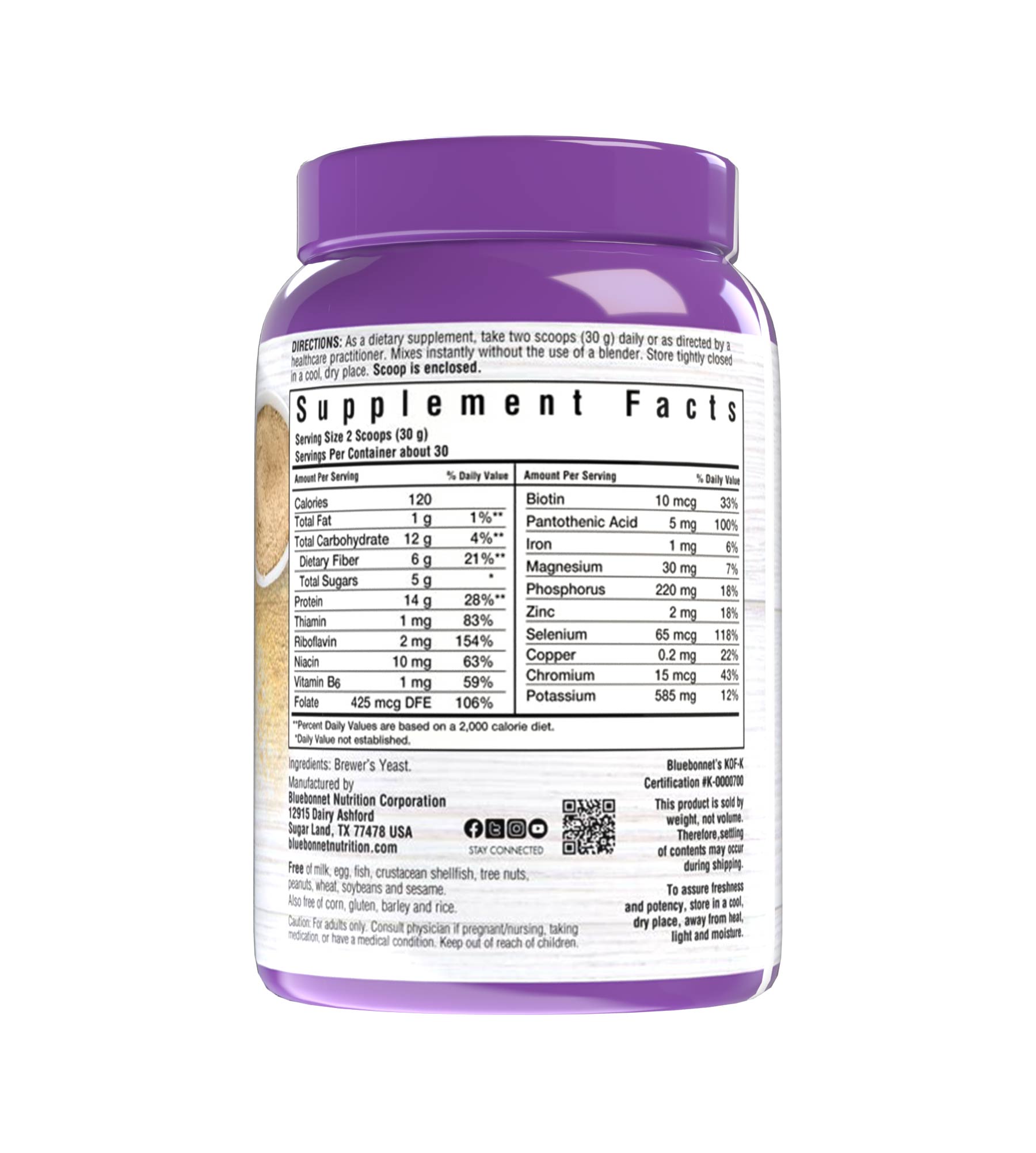 Bluebonnet’s Super Earth® Brewer’s Yeast Powder is formulated with a select strain of Saccharomyces cerevisiae that is carefully grown on certified non-GMO sugar beet molasses instead of the typical grain-derived brewer’s yeast that is recovered from the beer-brewing process. Supplement facts panel. #size_2 lb